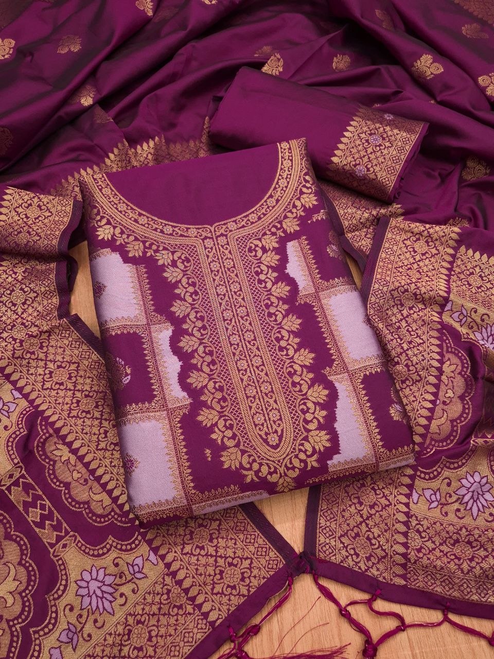 Royal Purple Paithani Style Zari Woven Unstitched Suit Material