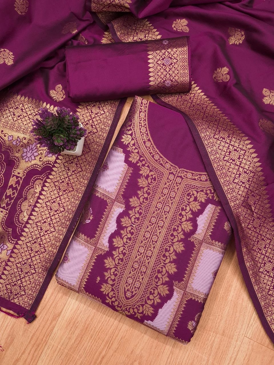 Royal Purple Paithani Style Zari Woven Unstitched Suit Material