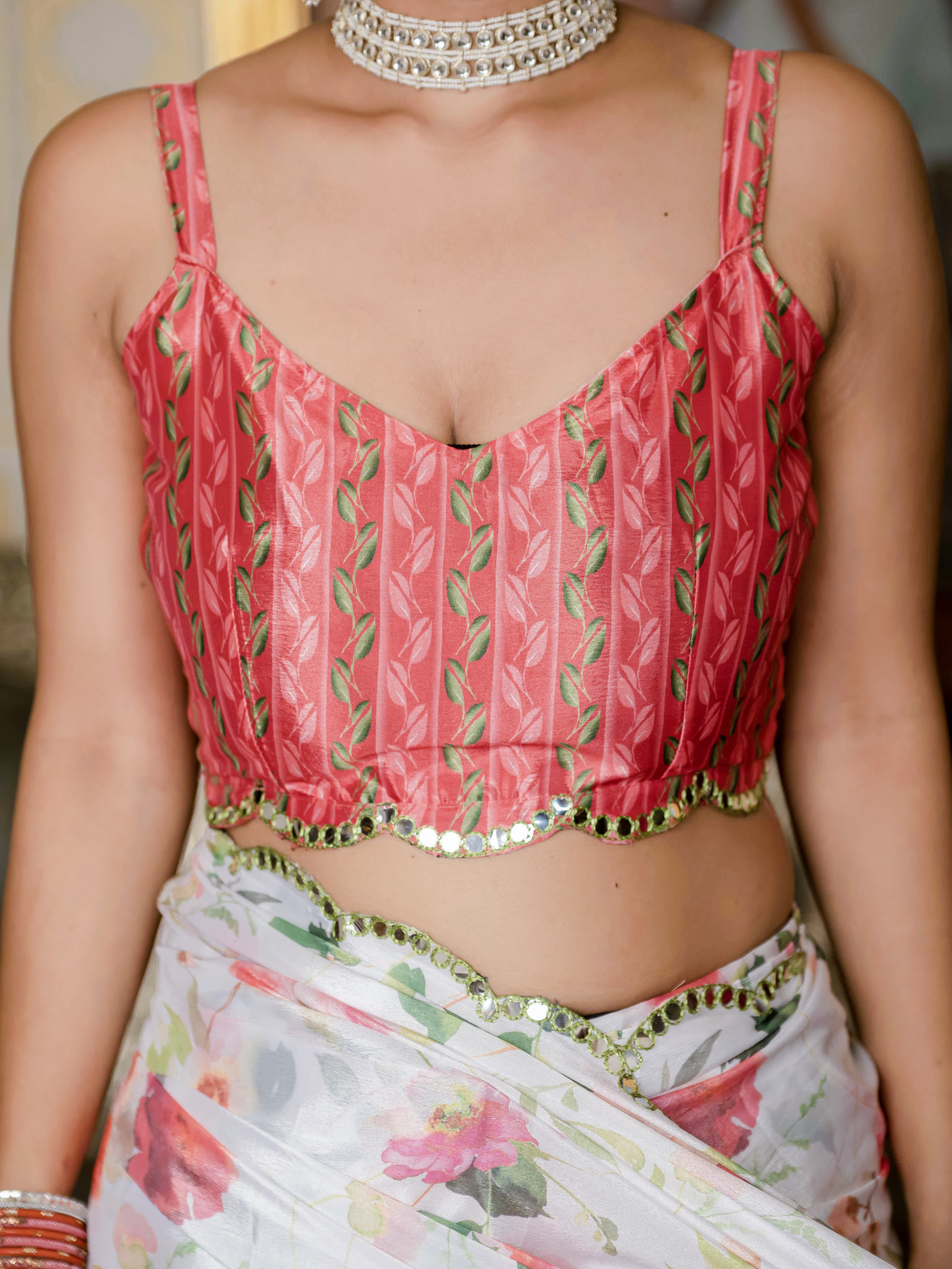 Coral Pink Floral Print Ready To Wear Chinnon Saree
