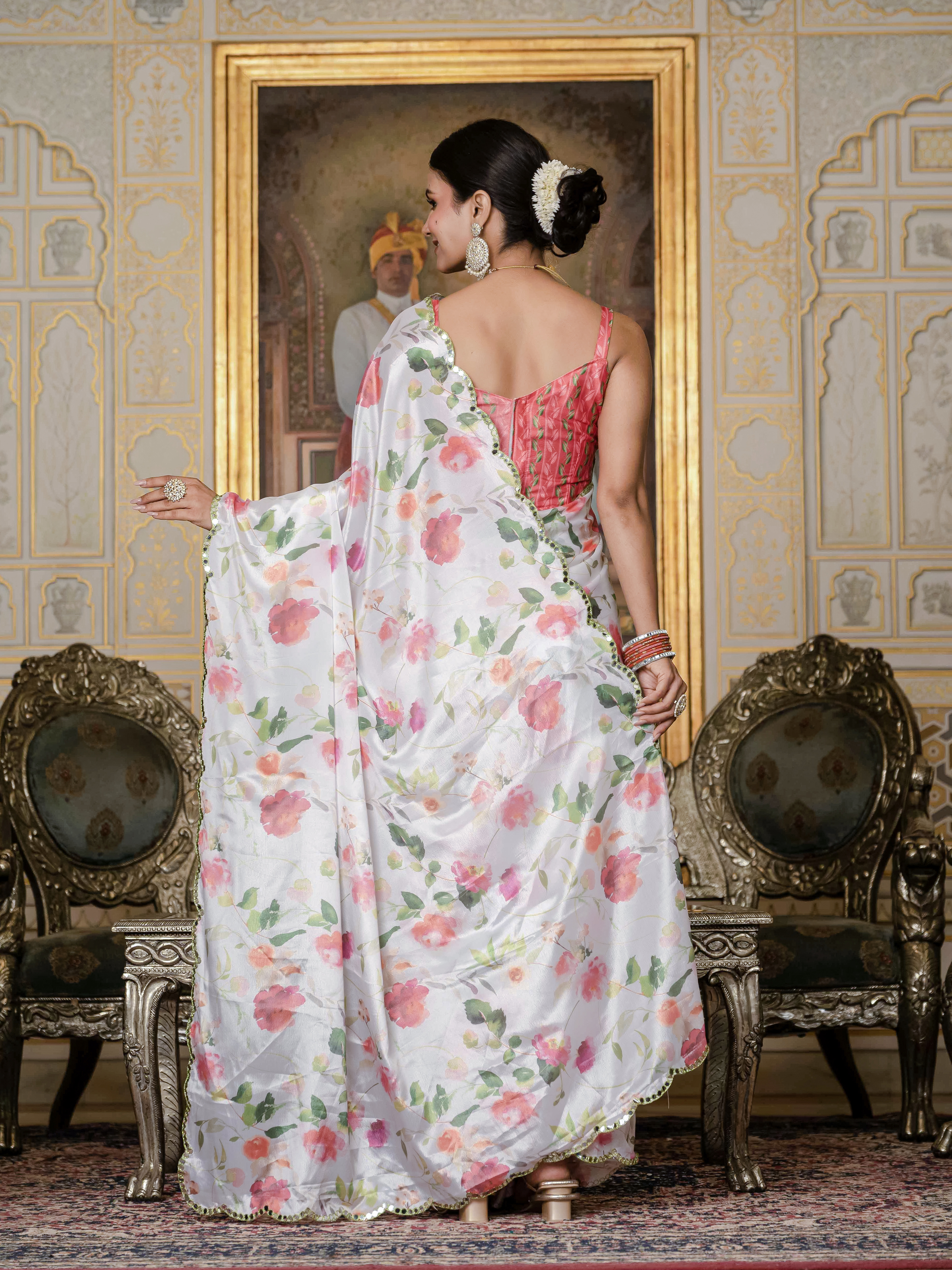 Coral Pink Floral Print Ready To Wear Chinnon Saree
