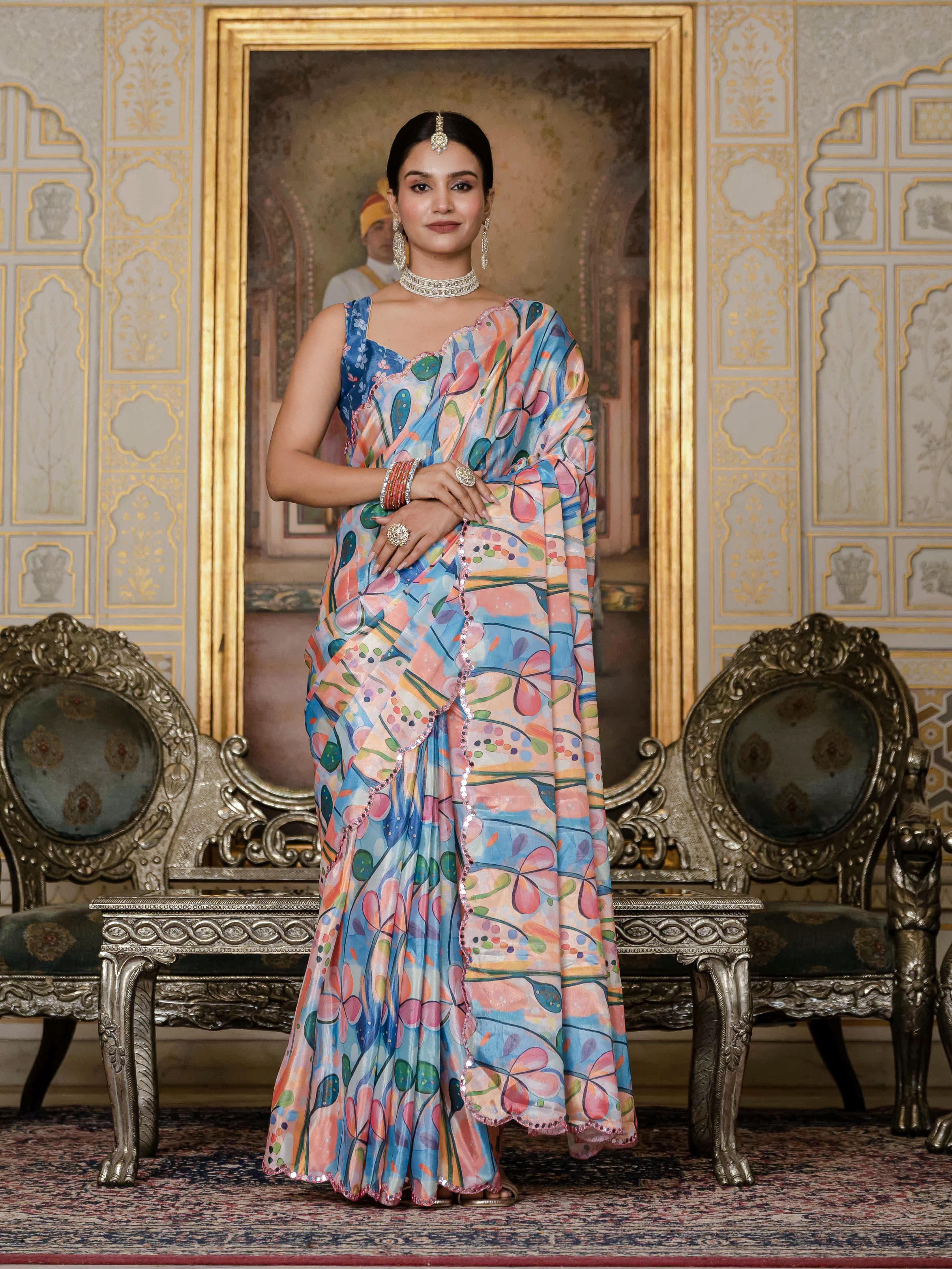 Multicolor Floral Print Ready To Wear Chinnon Saree