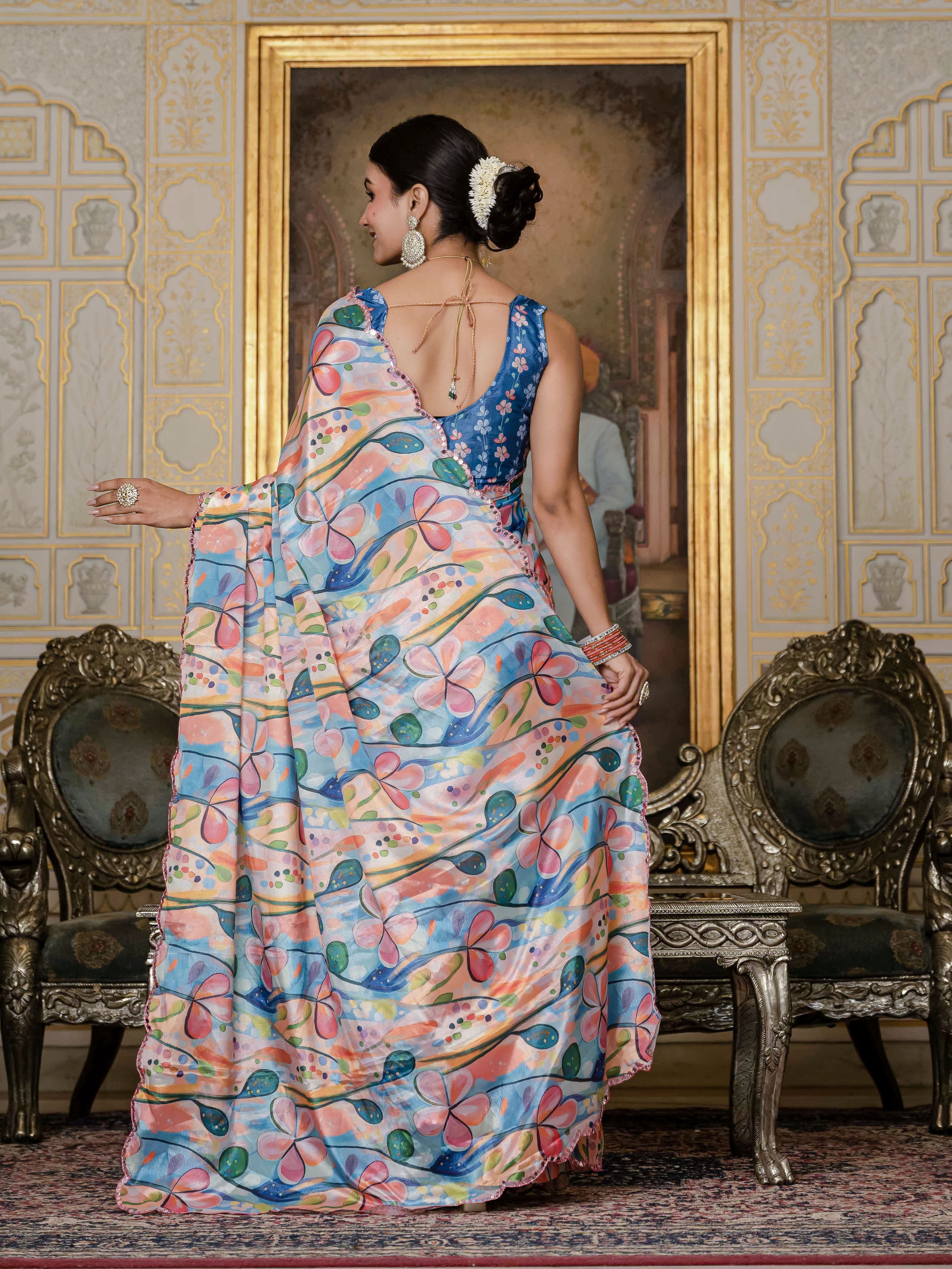 Multicolor Floral Print Ready To Wear Chinnon Saree