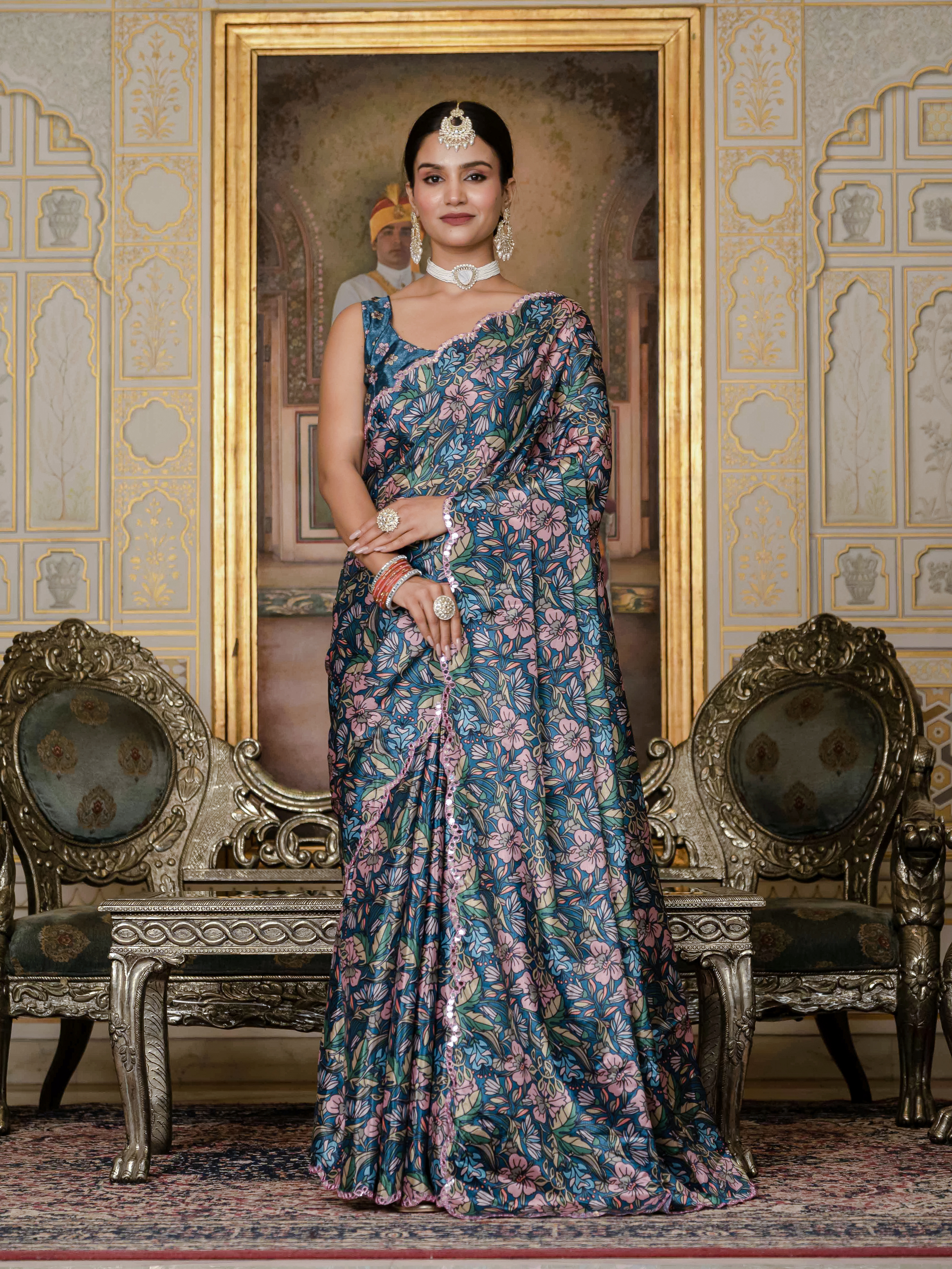 Blue Floral Chinnon Ready To Wear Saree with Mirror Lace