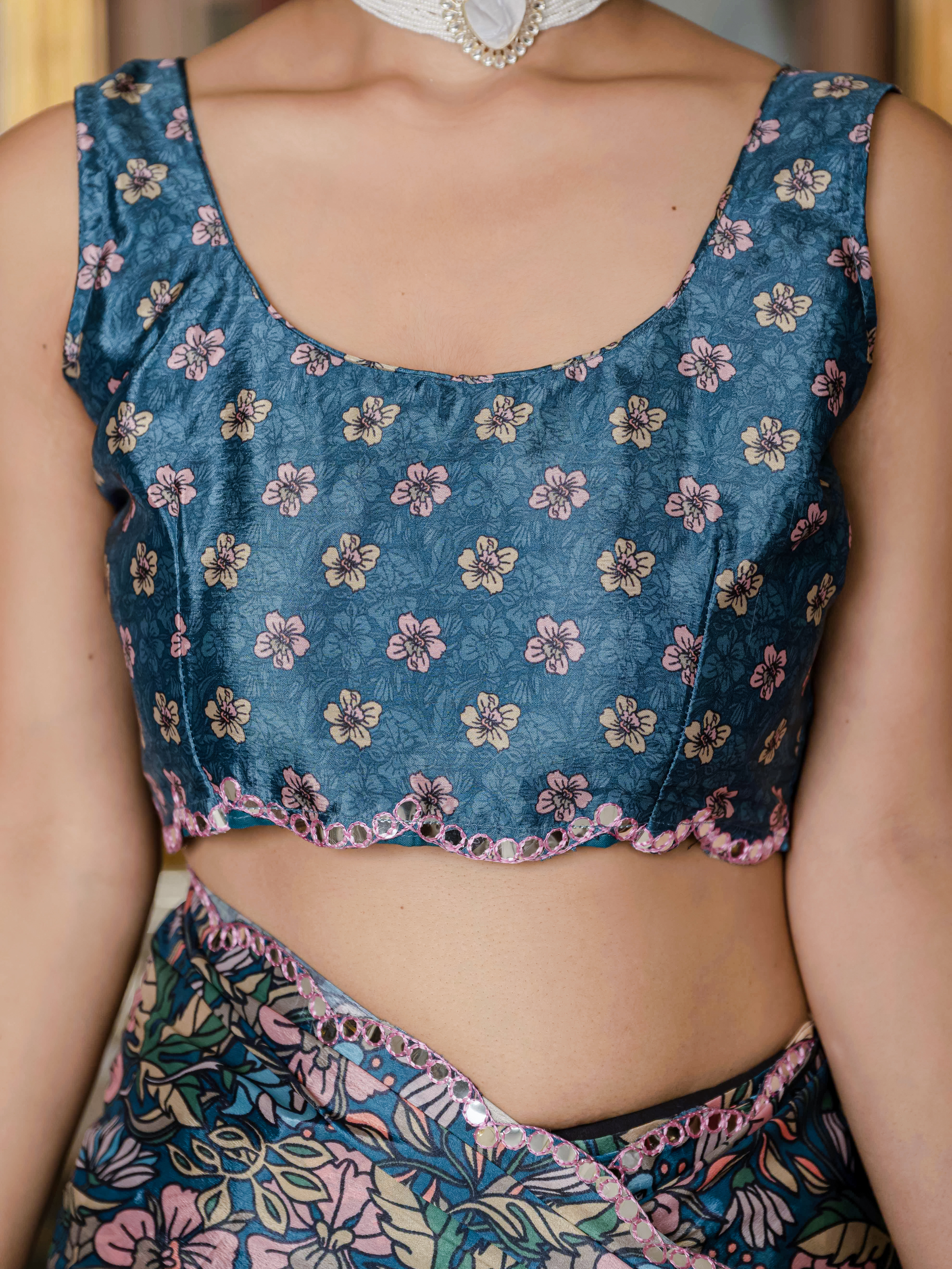 Blue Floral Chinnon Ready To Wear Saree with Mirror Lace