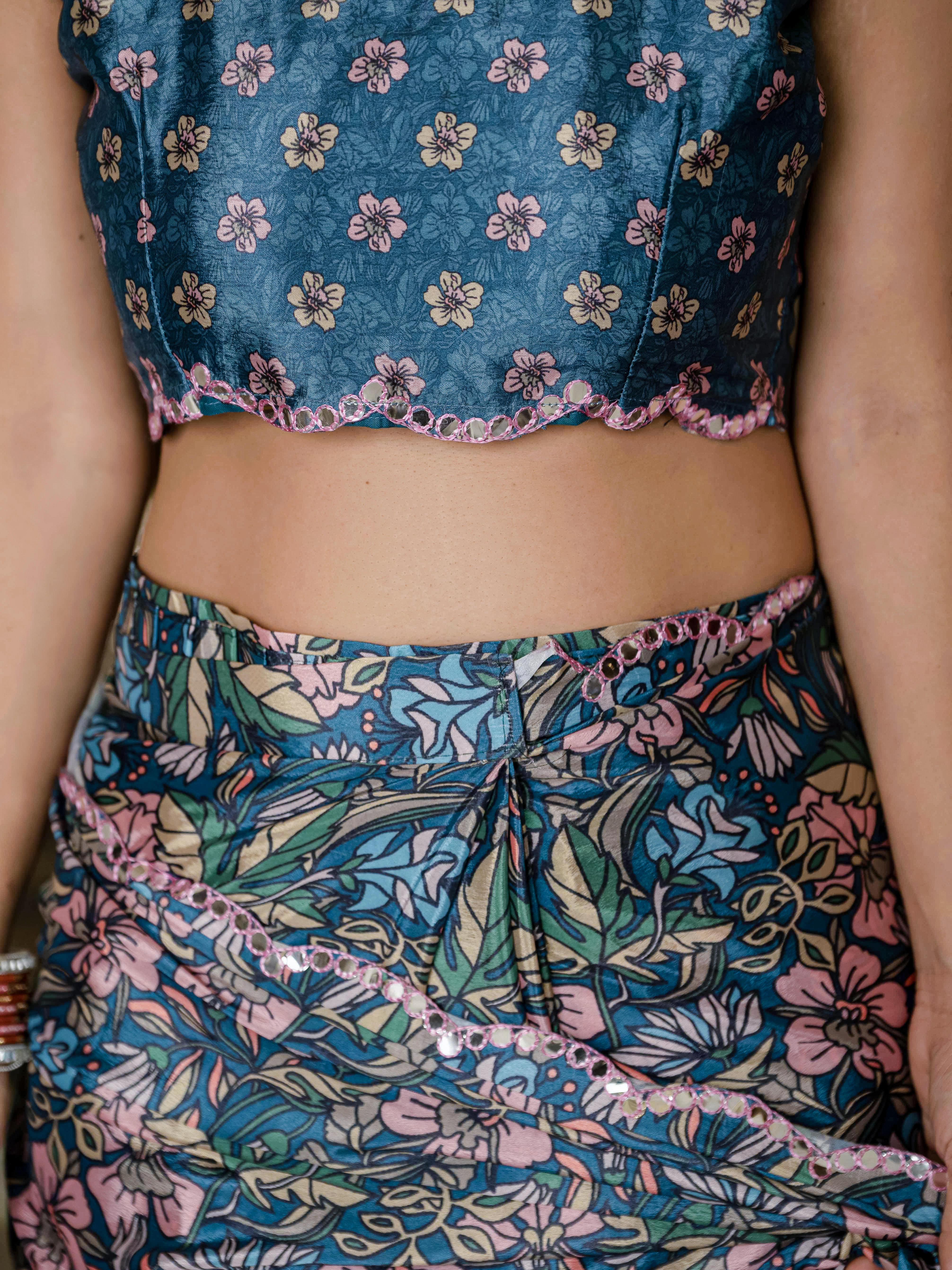 Blue Floral Chinnon Ready To Wear Saree with Mirror Lace