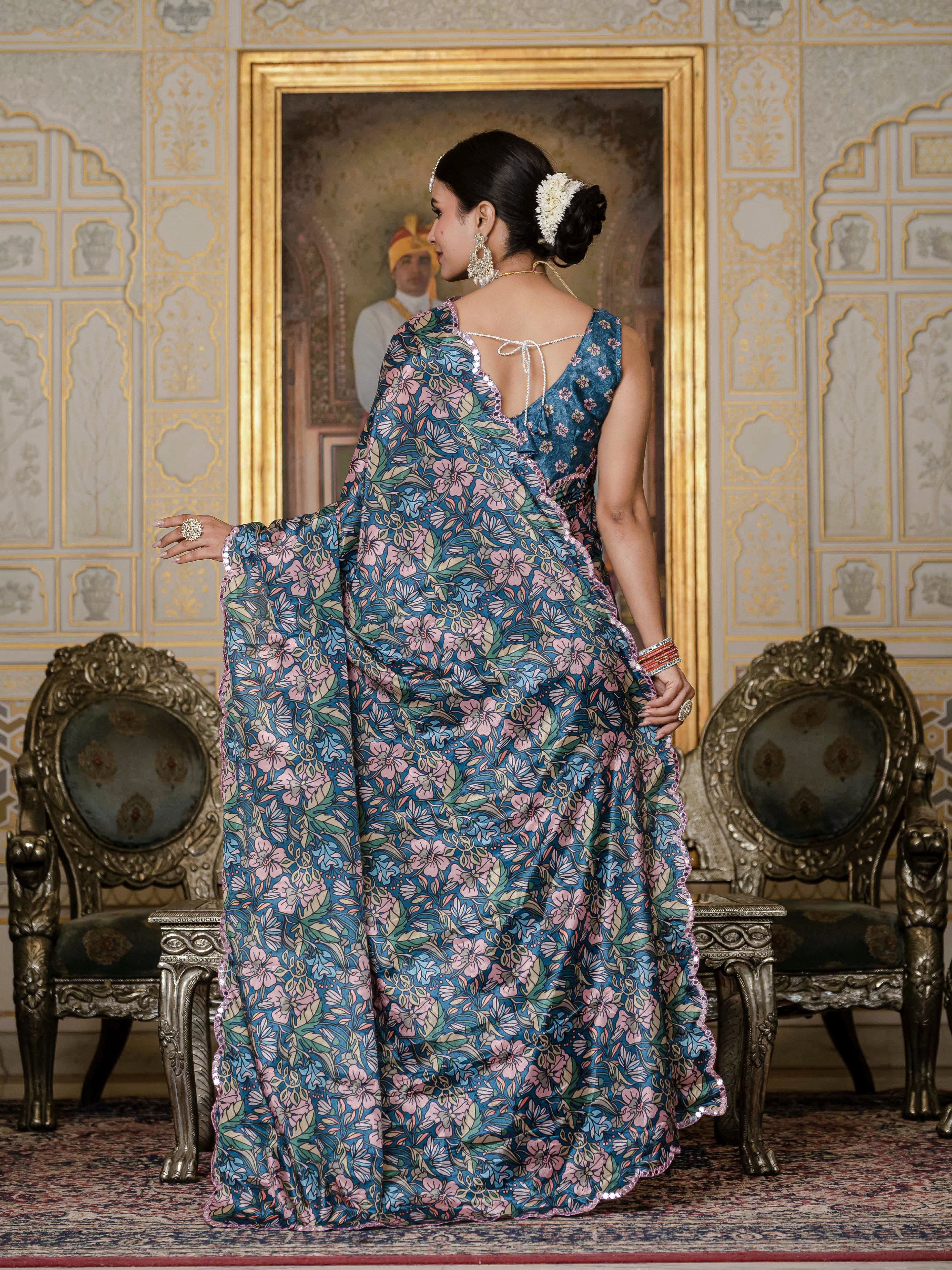 Blue Floral Chinnon Ready To Wear Saree with Mirror Lace