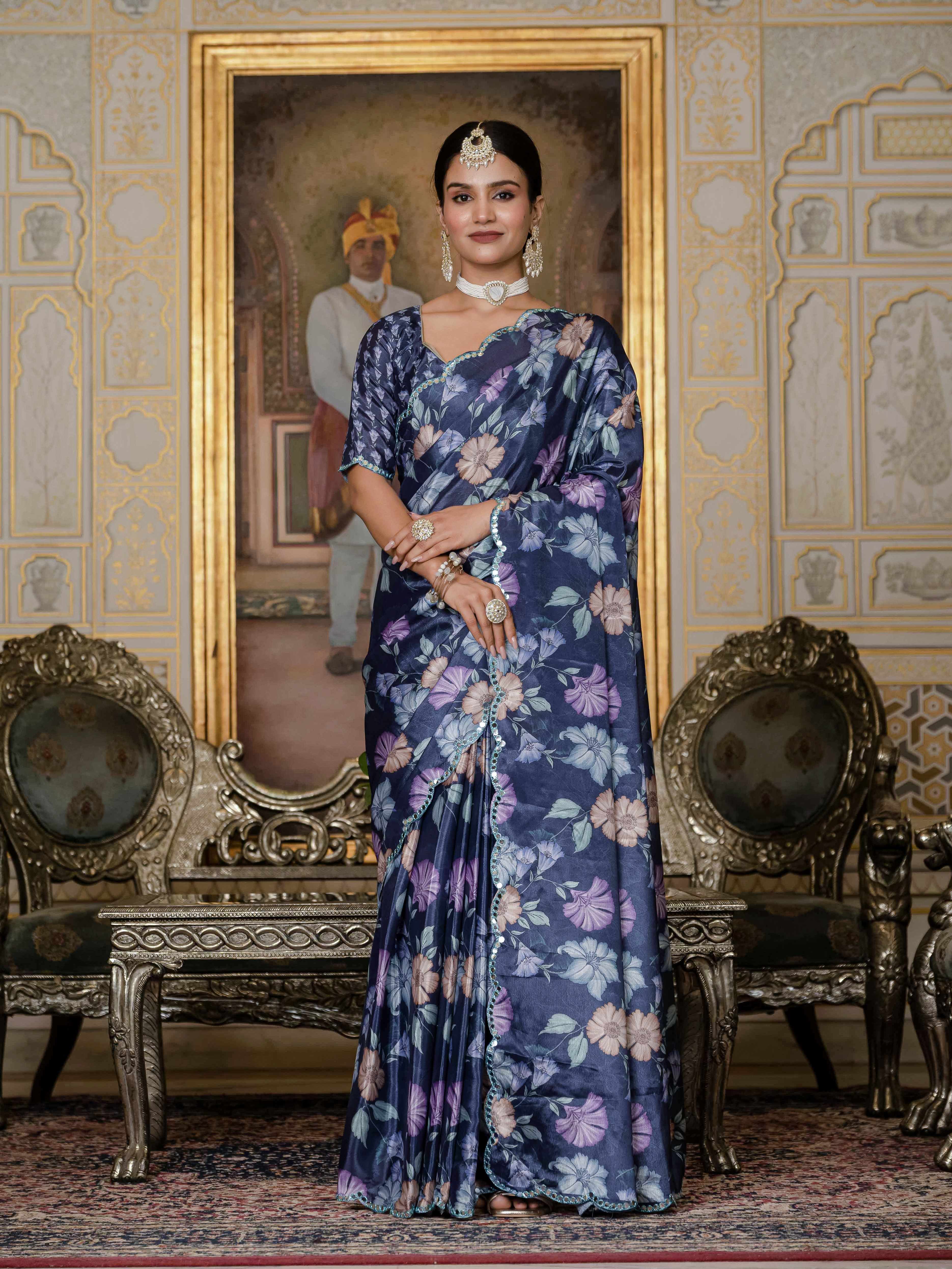 Navy Blue Floral Chinnon Ready To Wear Saree | Varnavi