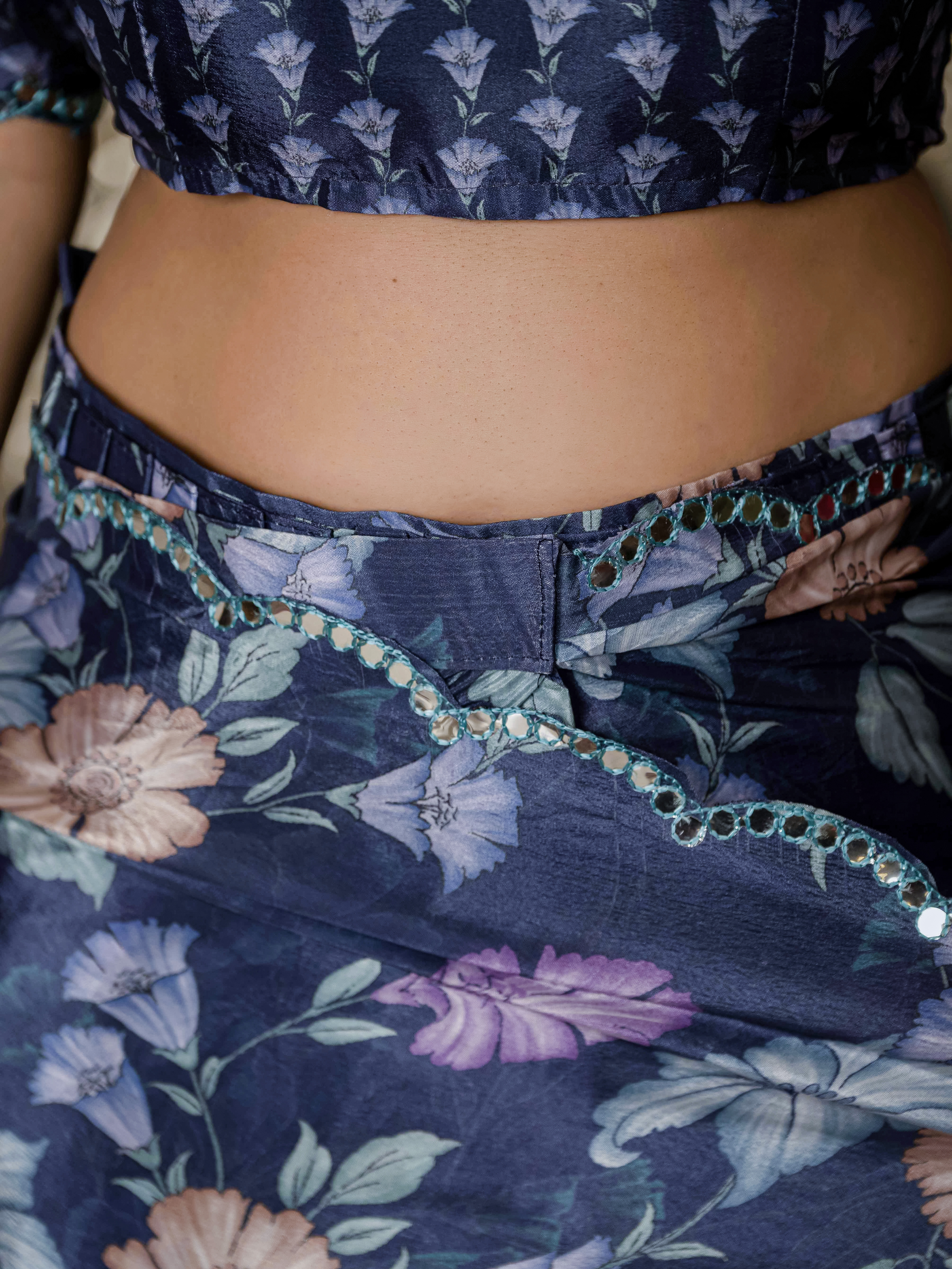 Navy Blue Floral Chinnon Ready To Wear Saree | Varnavi