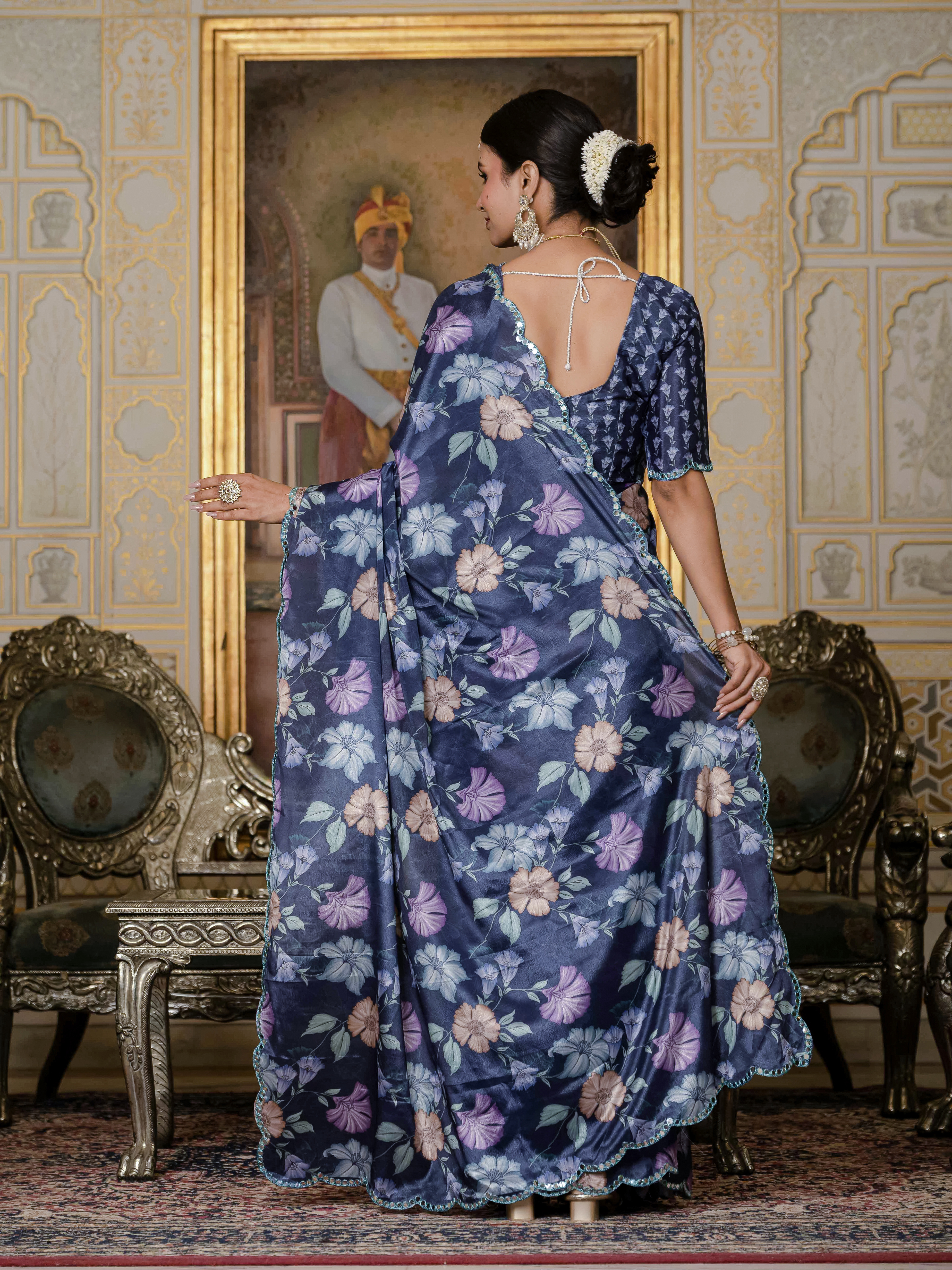 Navy Blue Floral Chinnon Ready To Wear Saree | Varnavi