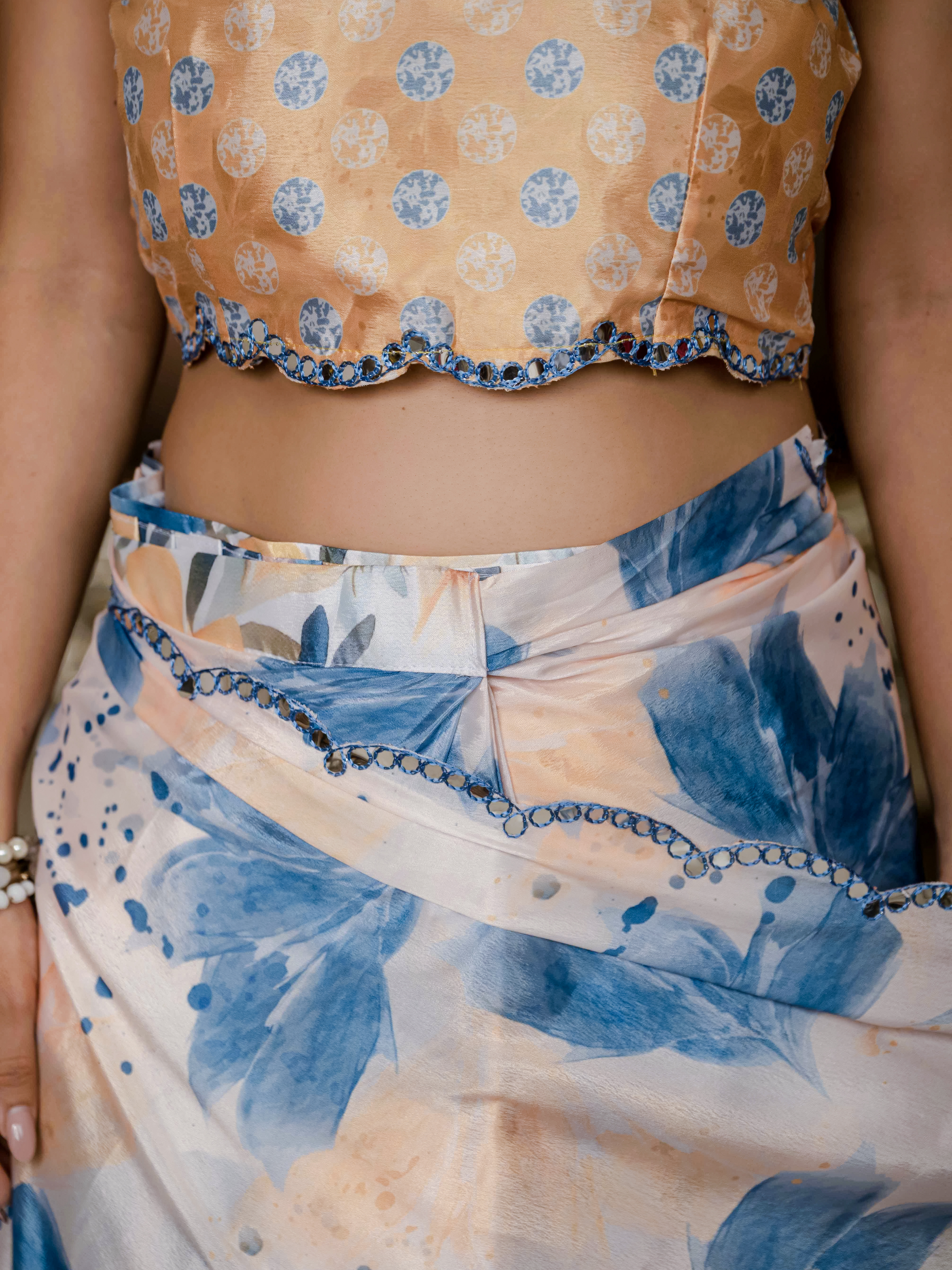 Peach Blue Floral Chinnon Ready To Wear Saree | Varnavi