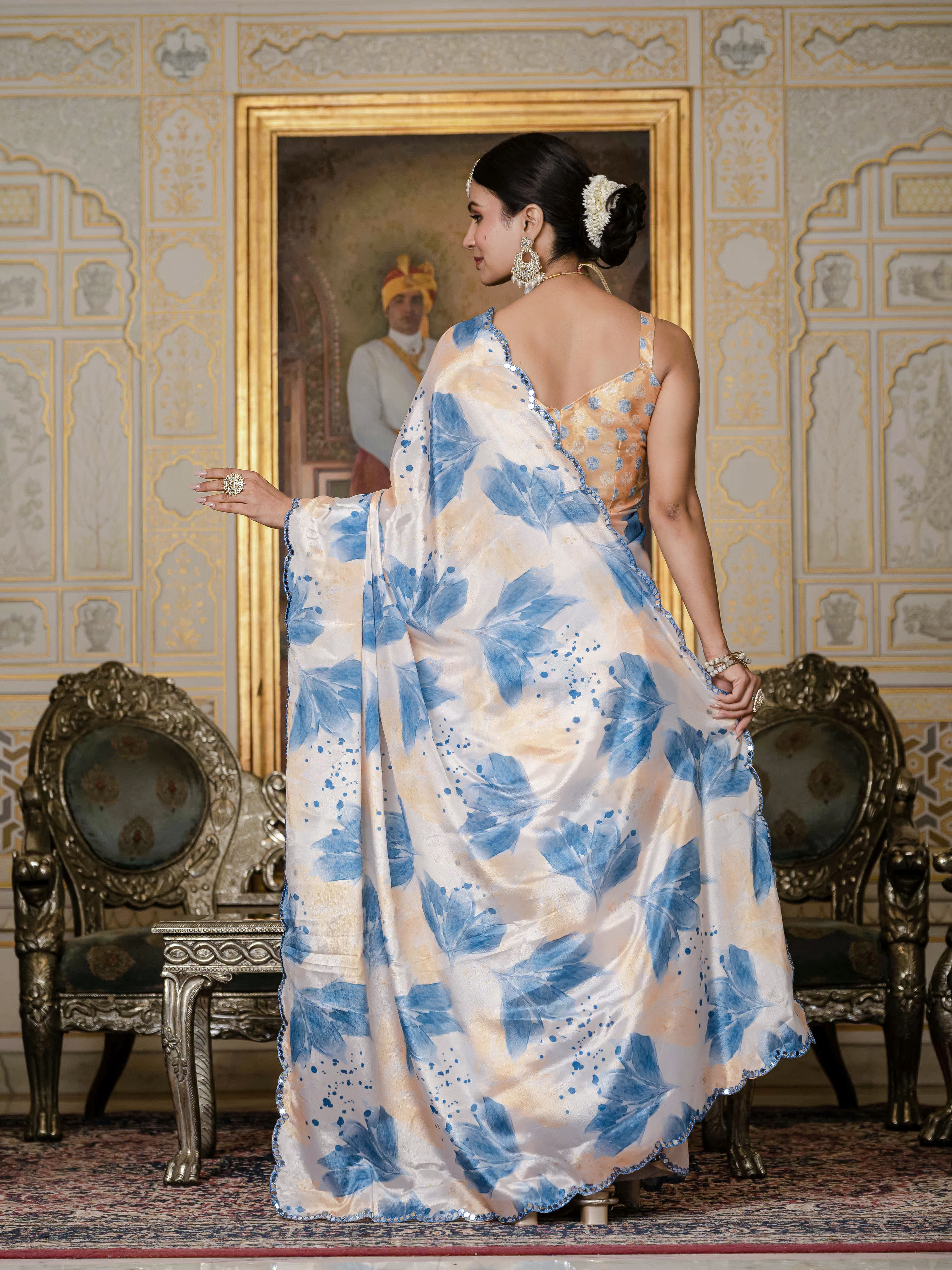 Peach Blue Floral Chinnon Ready To Wear Saree | Varnavi