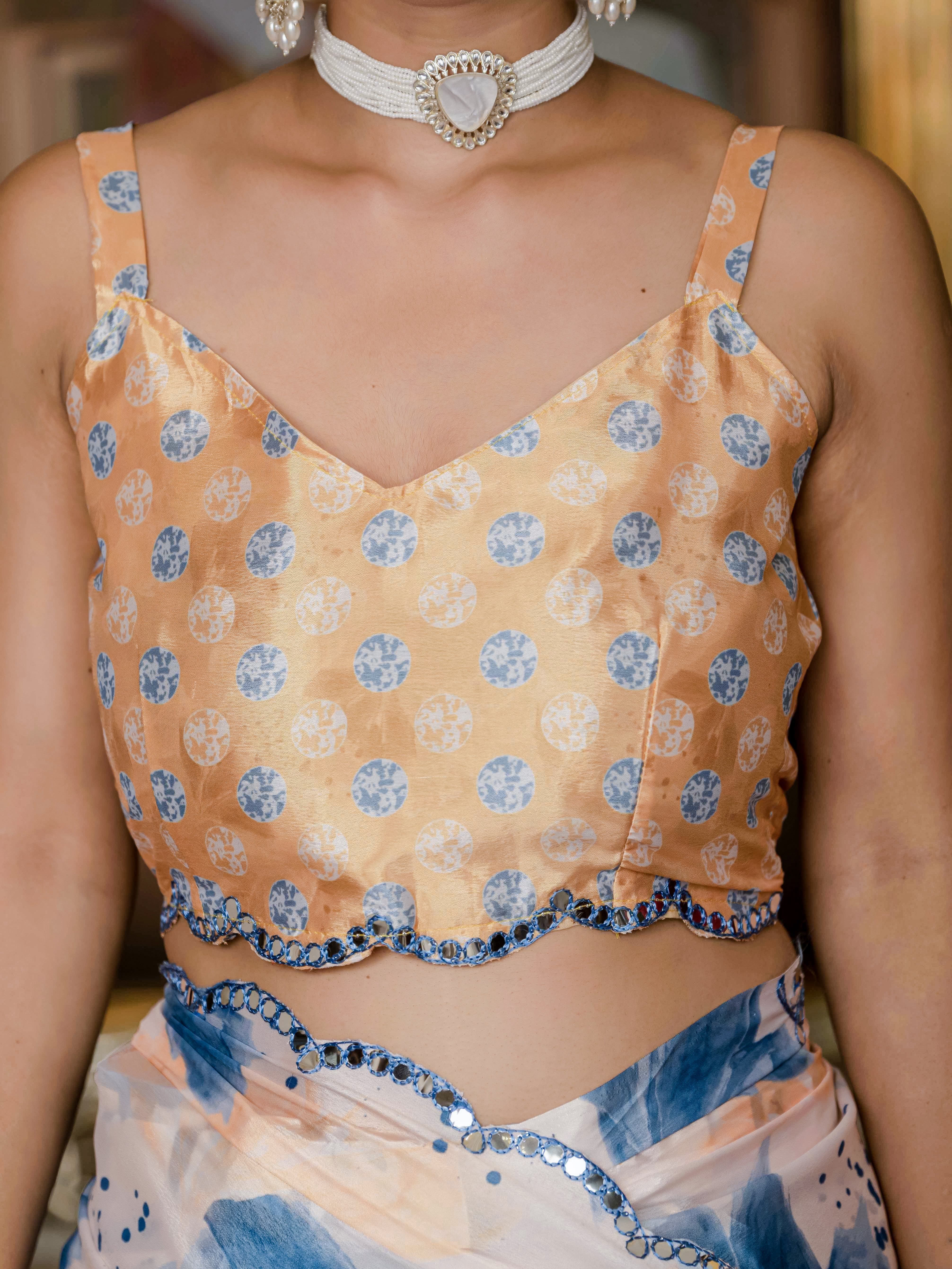 Peach Blue Floral Chinnon Ready To Wear Saree | Varnavi