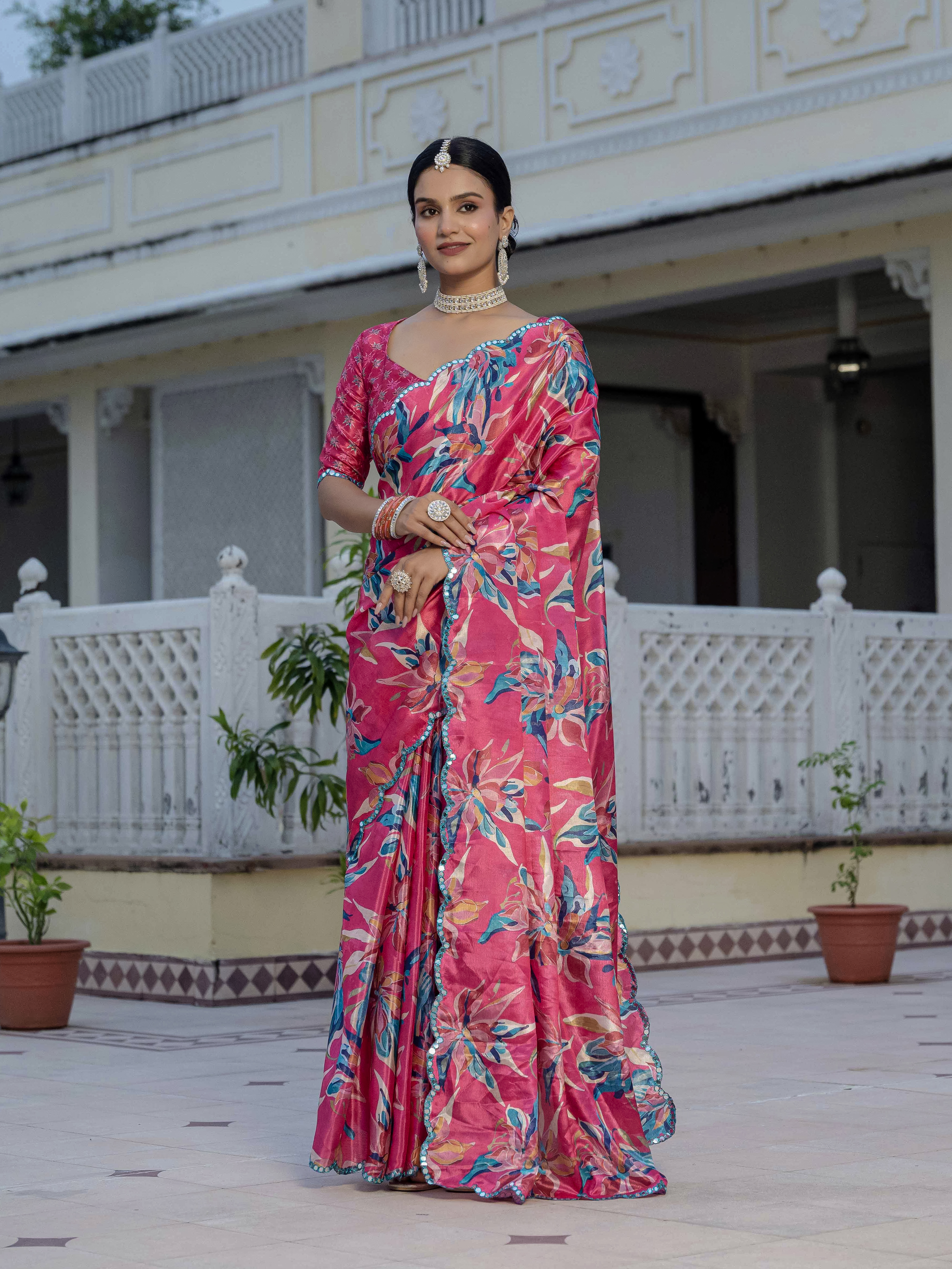 Pink Floral Chinnon Ready To Wear Saree With Mirror Lace