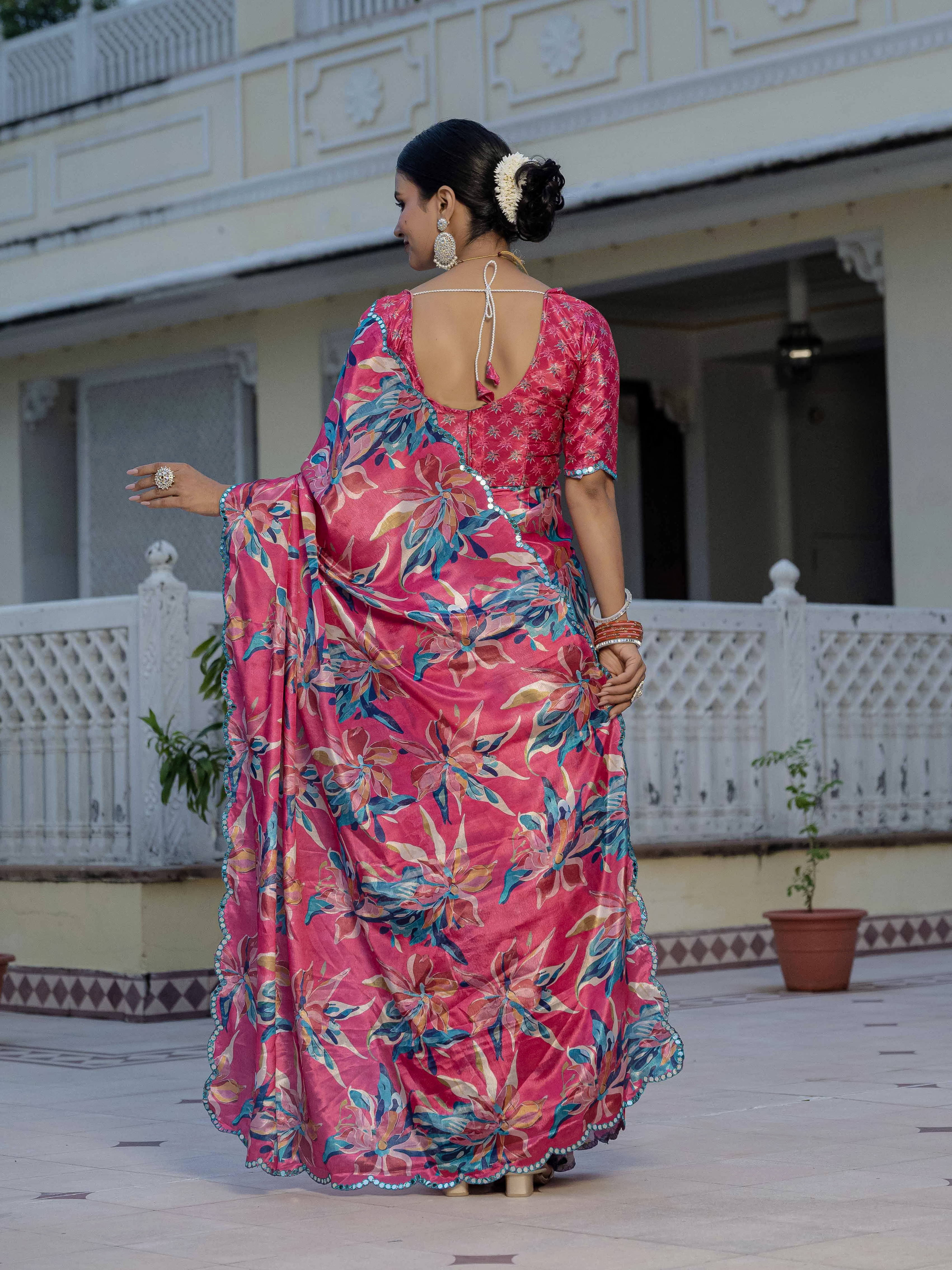 Pink Floral Chinnon Ready To Wear Saree With Mirror Lace