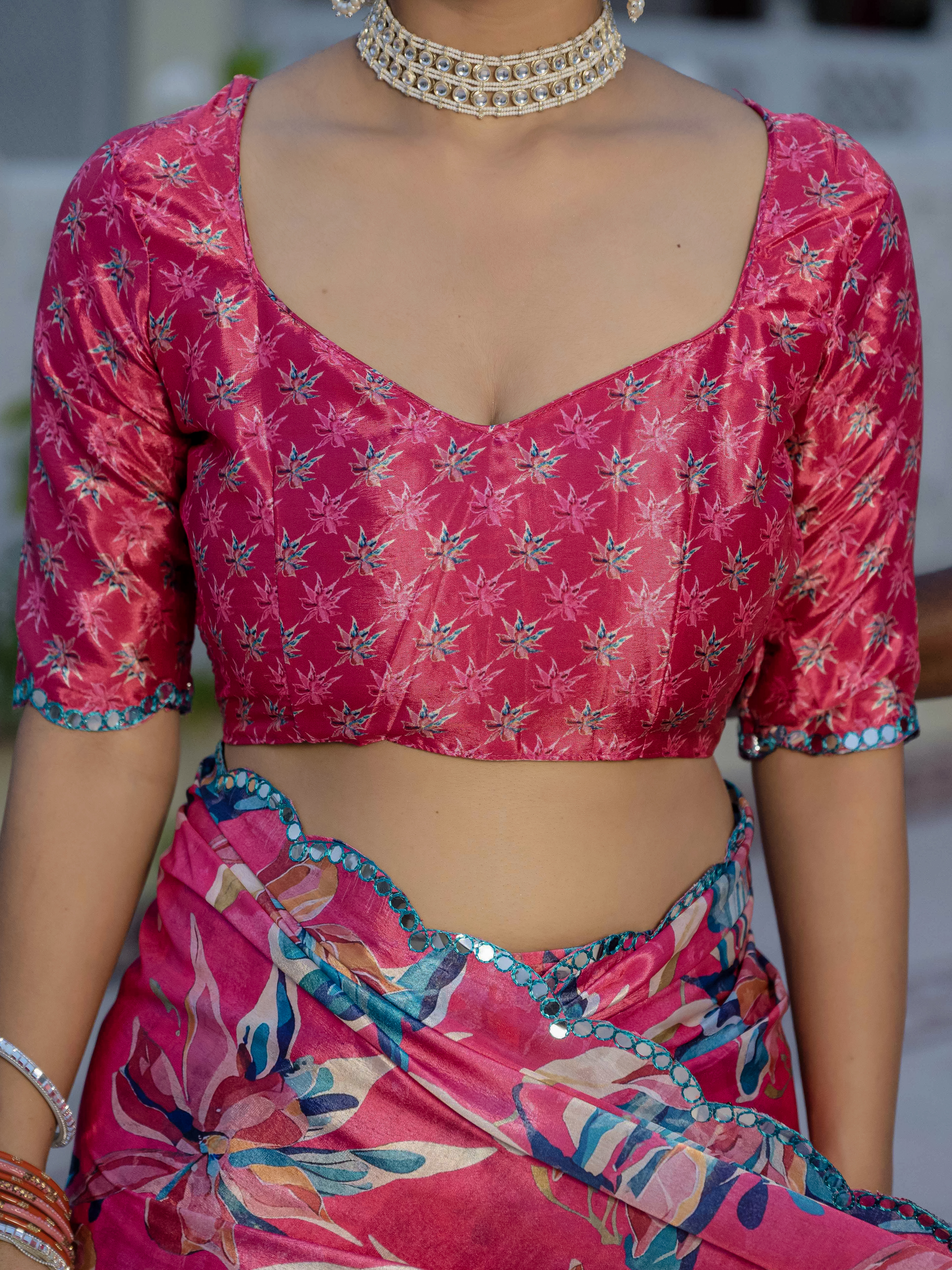 Pink Floral Chinnon Ready To Wear Saree With Mirror Lace