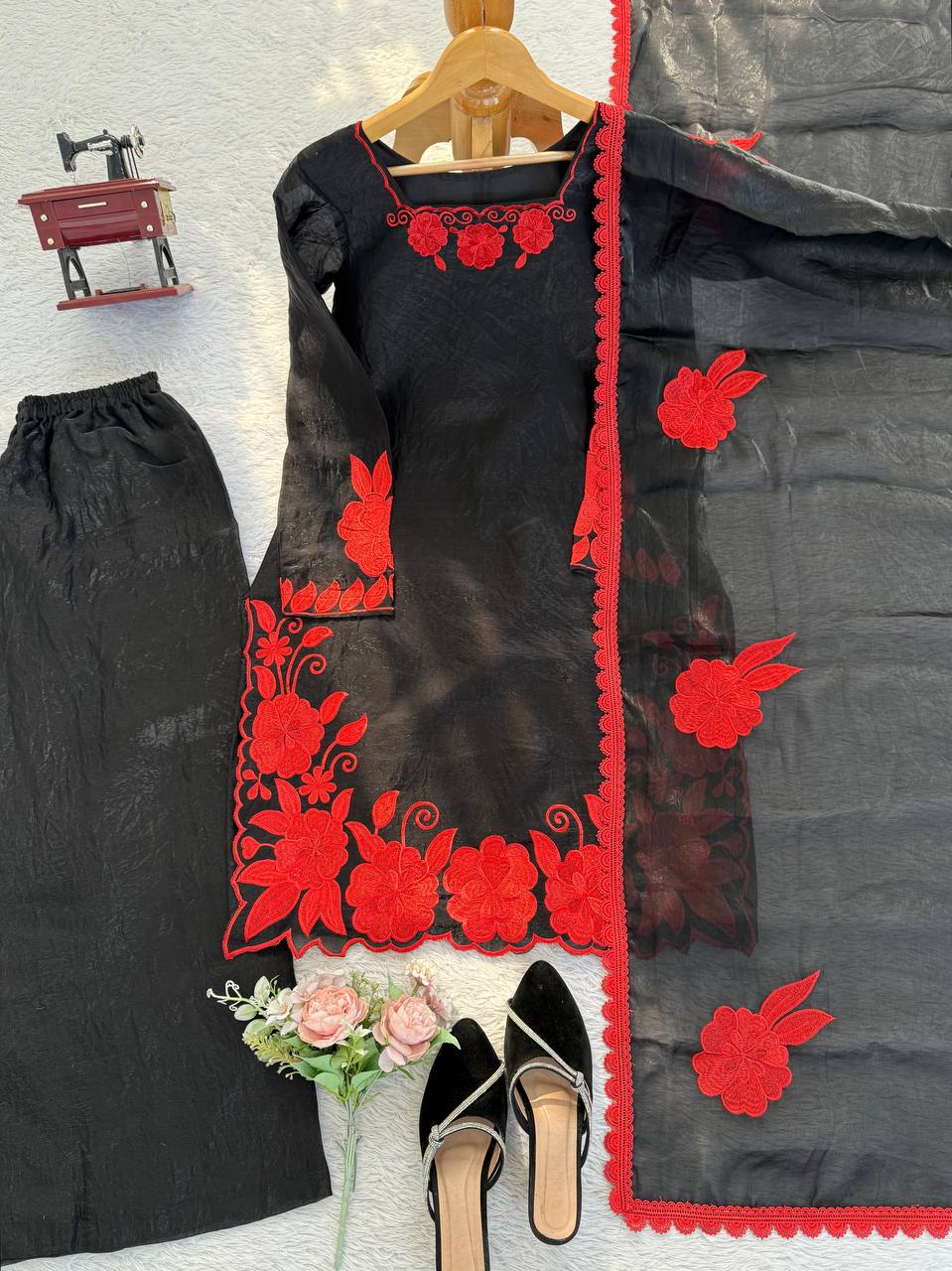 Black Red Fendy Silk 3 Piece Readymade Salwar Suit Set