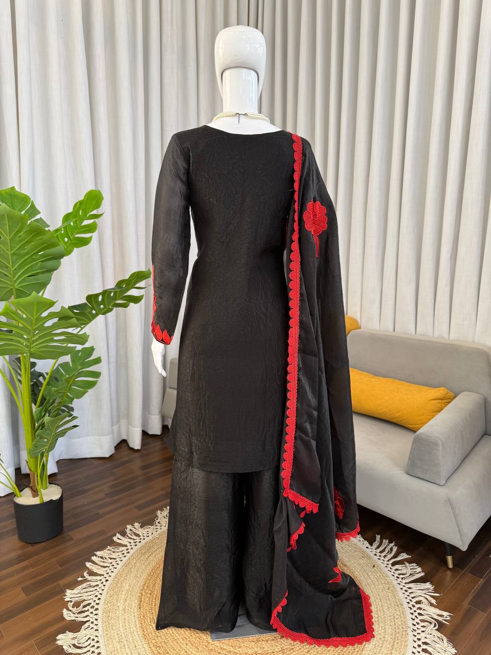 Black Red Fendy Silk 3 Piece Readymade Salwar Suit Set