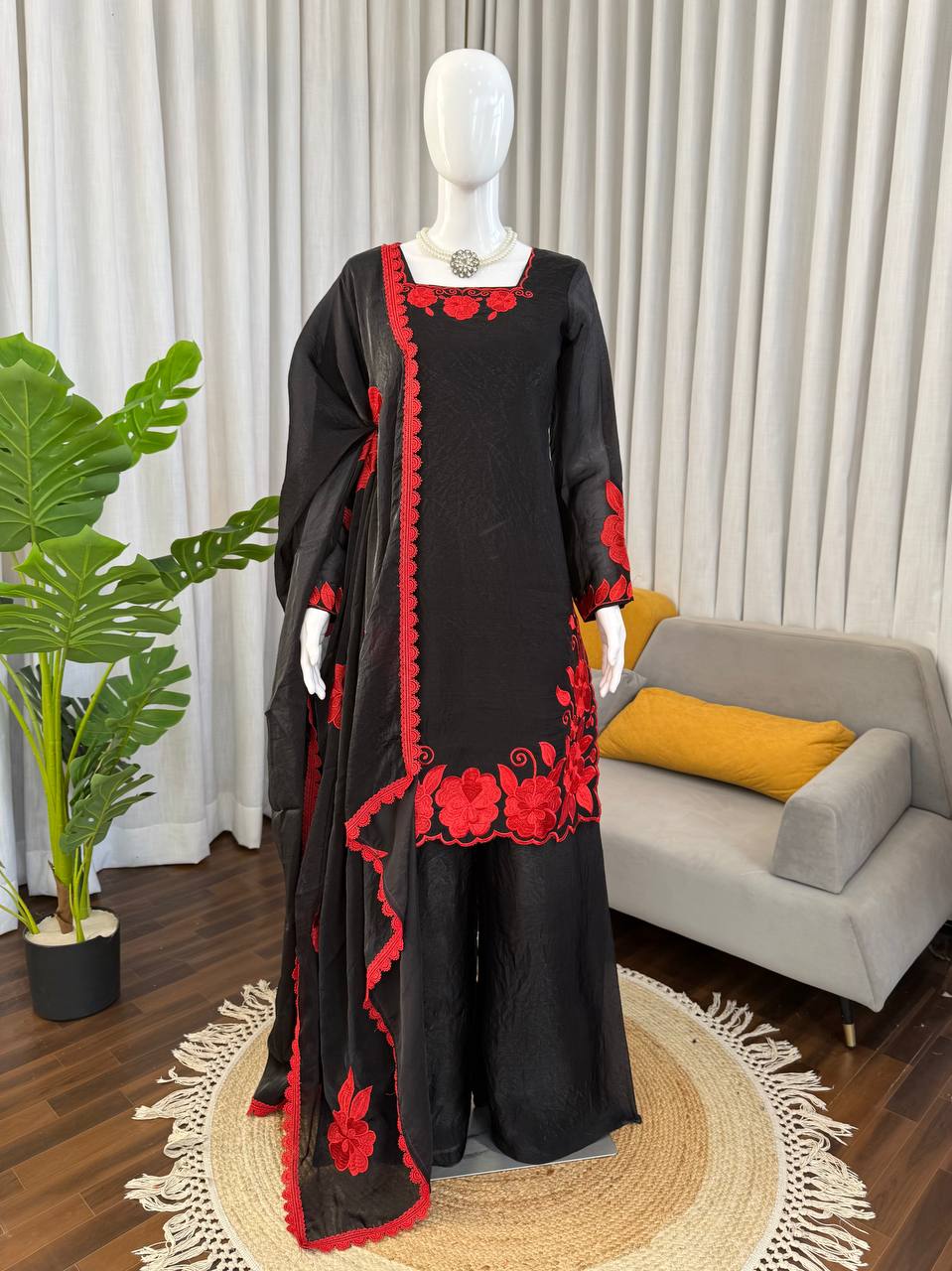 Black Red Fendy Silk 3 Piece Readymade Salwar Suit Set