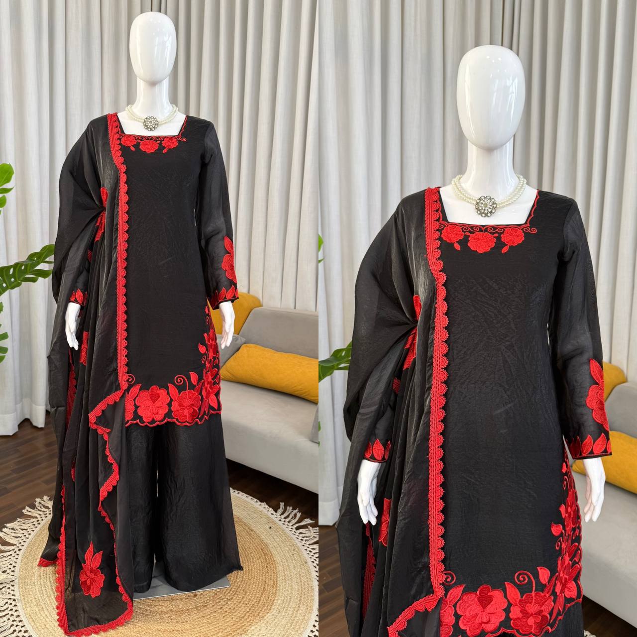 Black Red Fendy Silk 3 Piece Readymade Salwar Suit Set