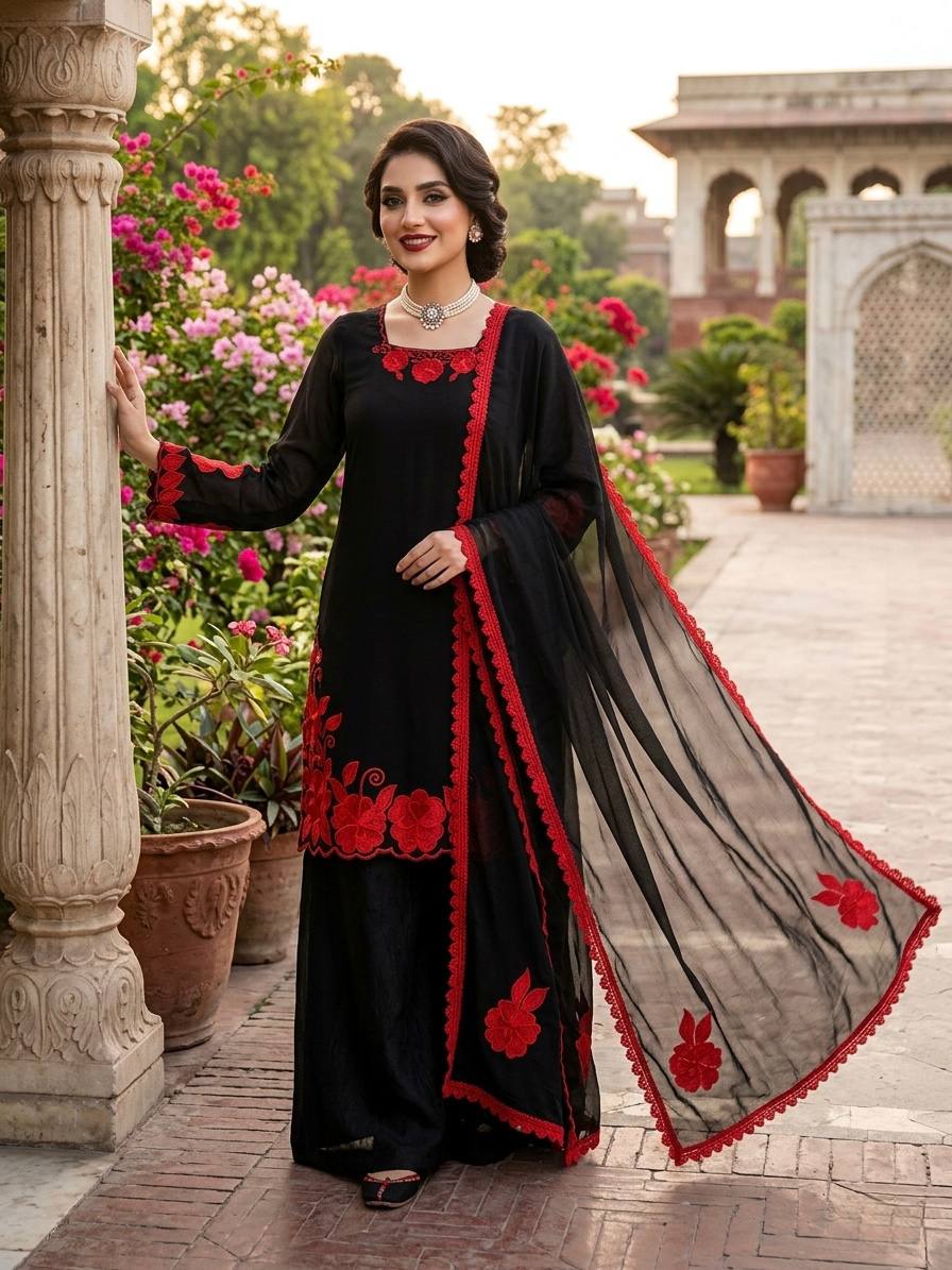 Black Red Fendy Silk 3 Piece Readymade Salwar Suit Set