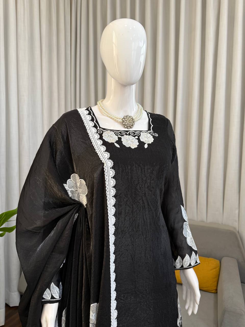 Black White Floral Embroidered Readymade Salwar Suit