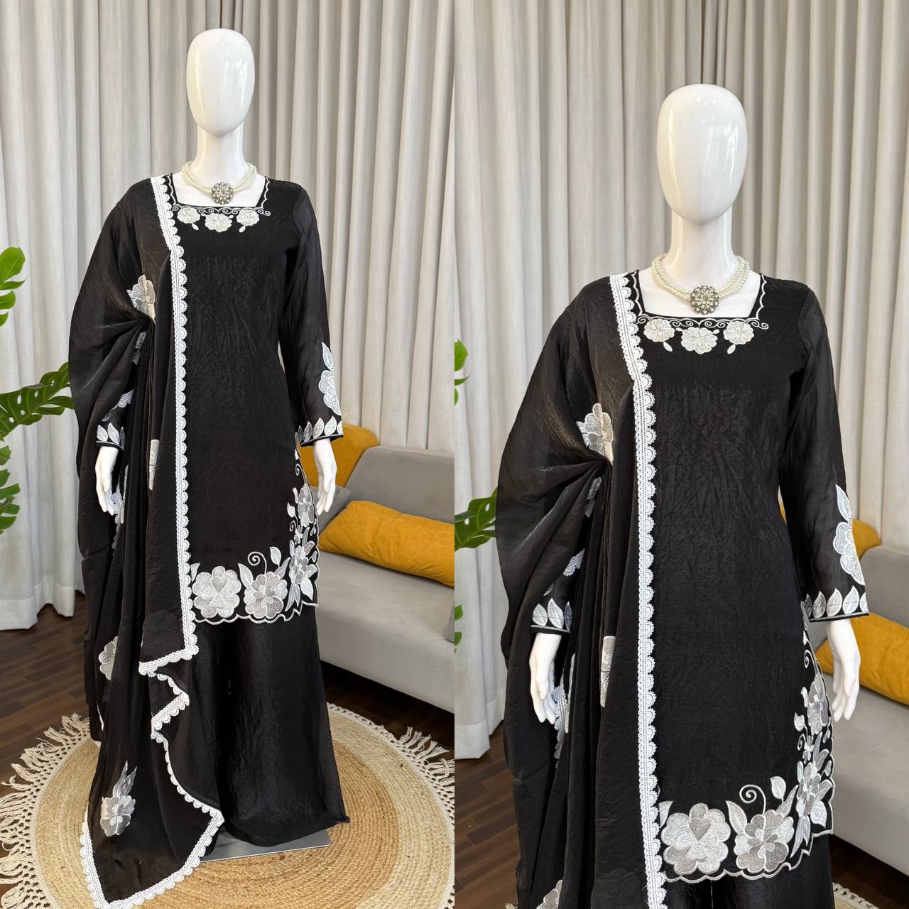 Black White Floral Embroidered Readymade Salwar Suit