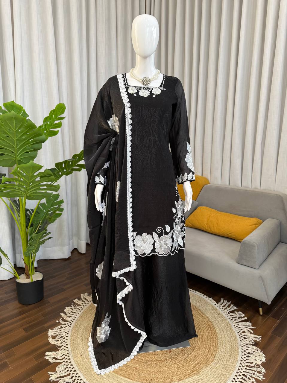 Black White Floral Embroidered Readymade Salwar Suit