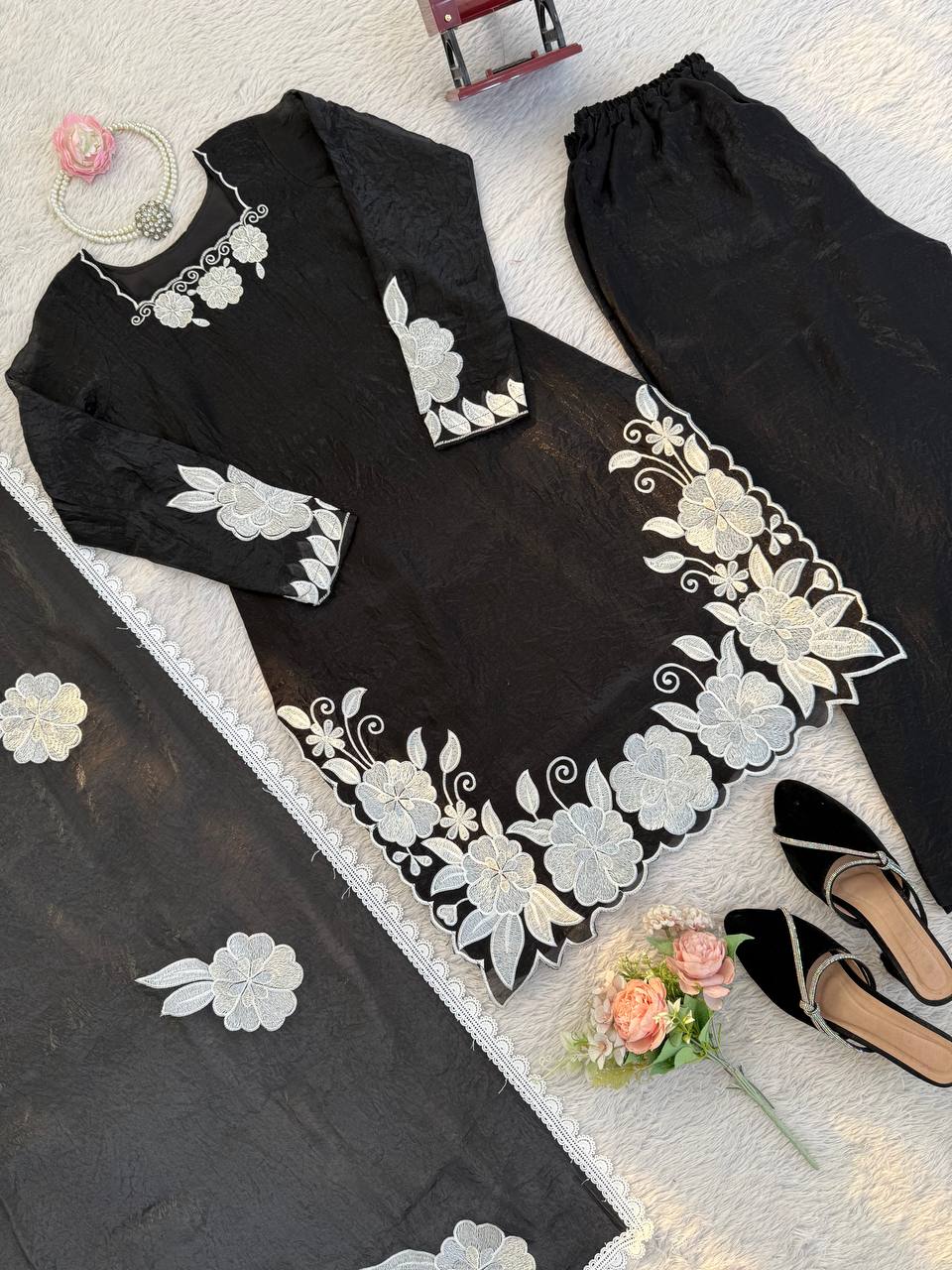 Black White Floral Embroidered Readymade Salwar Suit