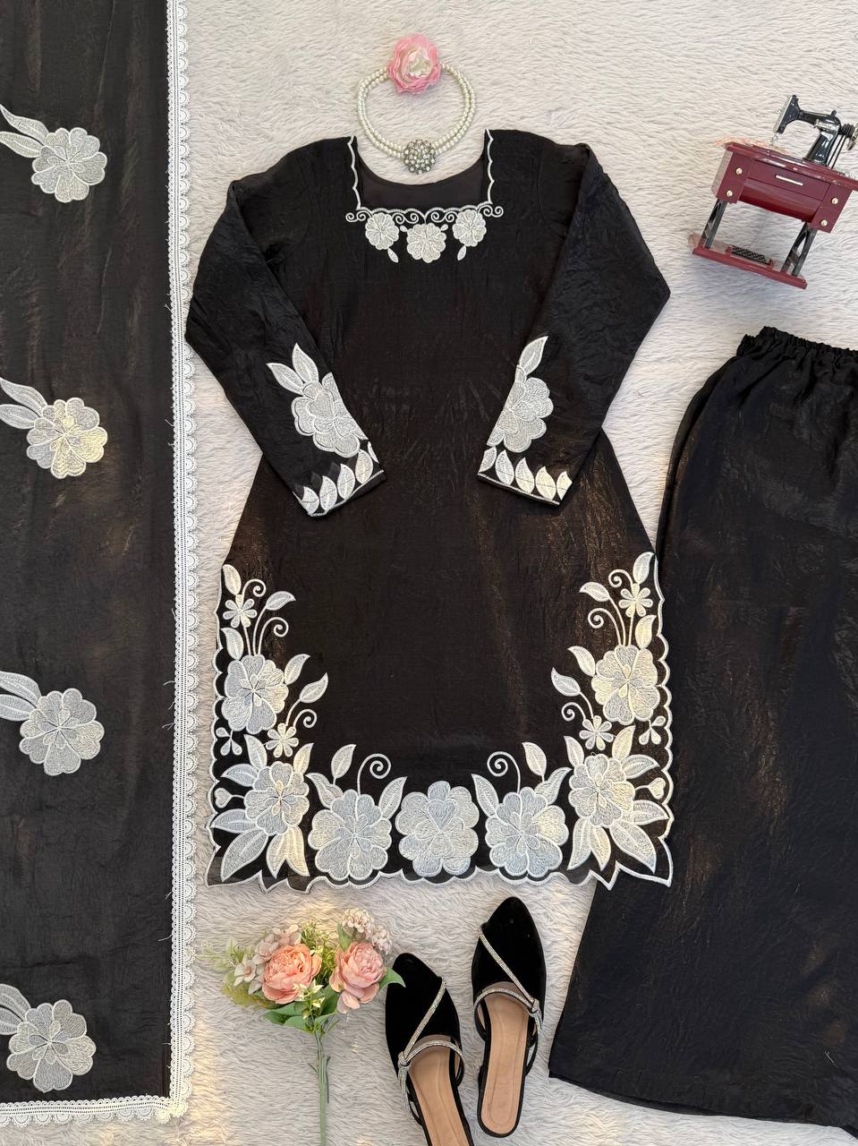 Black White Floral Embroidered Readymade Salwar Suit