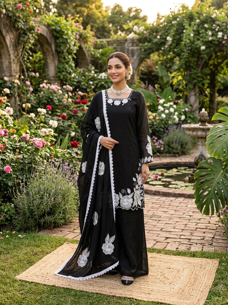 Black White Floral Embroidered Readymade Salwar Suit