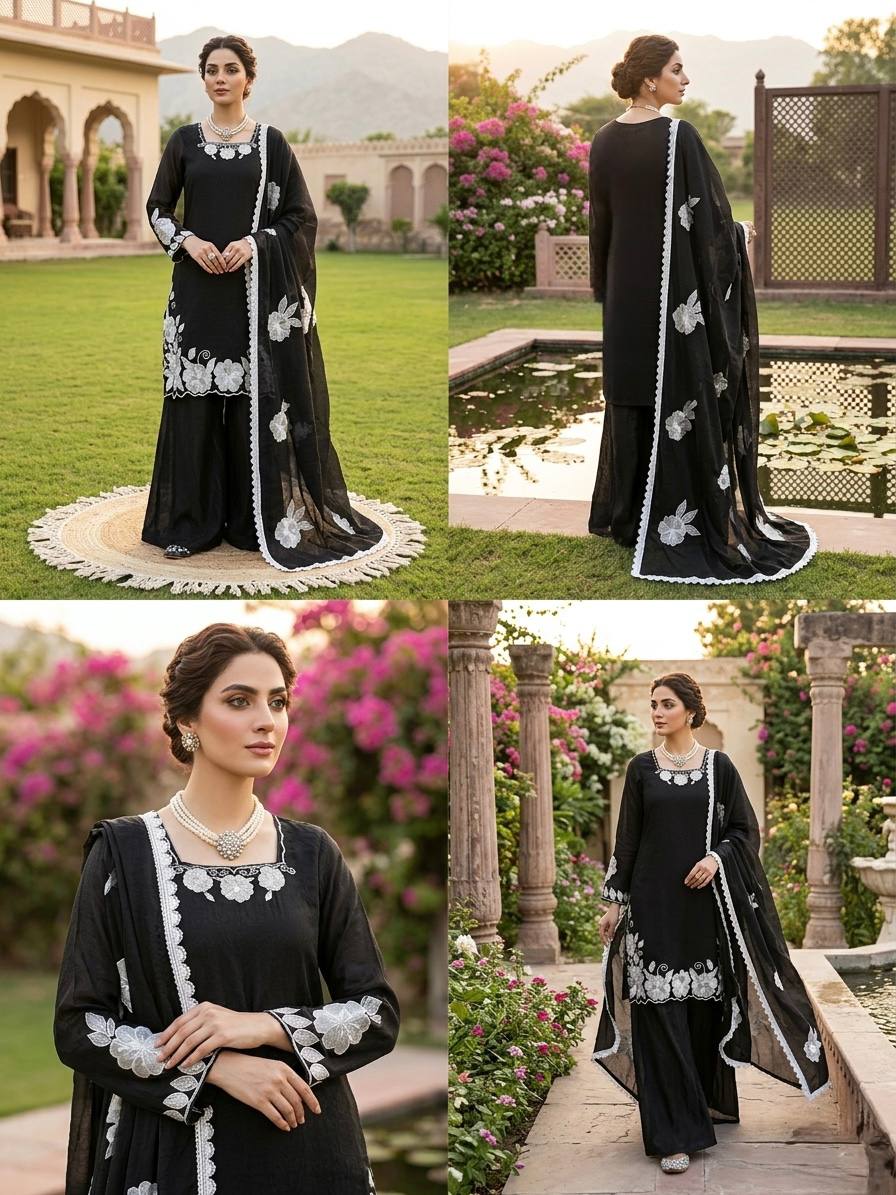 Black White Floral Embroidered Readymade Salwar Suit