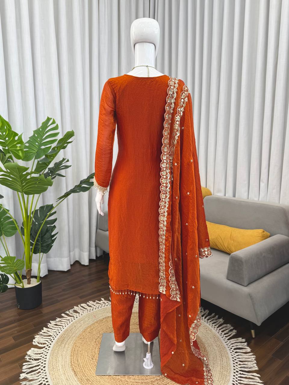 Rust Orange Embroidered Readymade Suit Set for Women