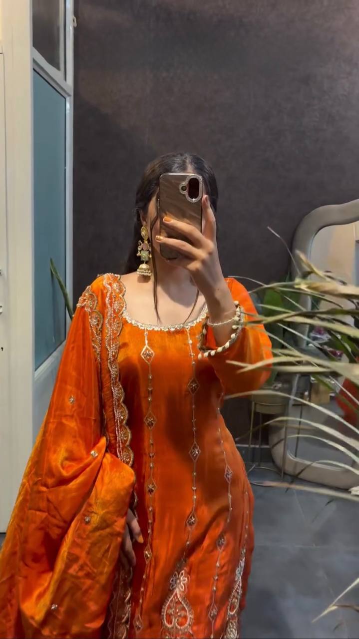 Rust Orange Embroidered Readymade Suit Set for Women