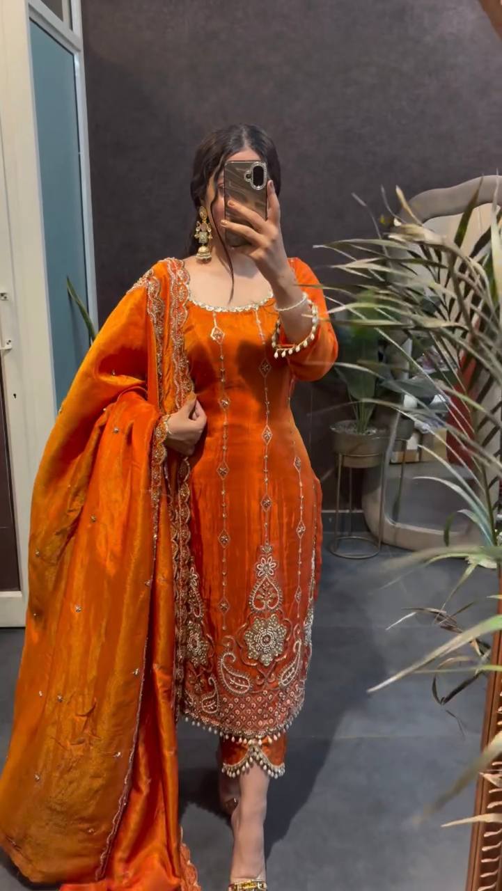 Rust Orange Embroidered Readymade Suit Set for Women