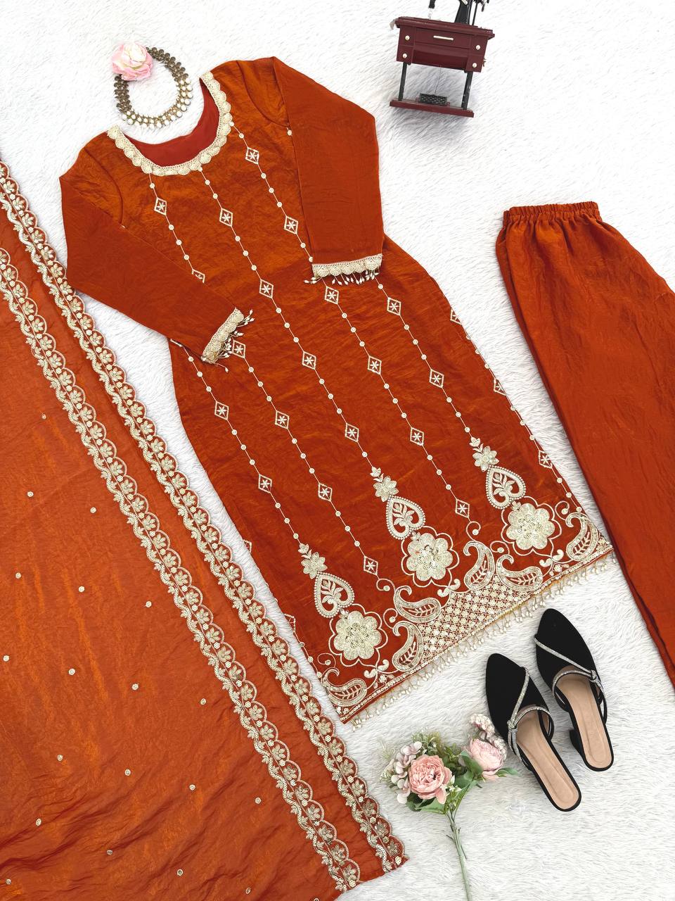 Rust Orange Embroidered Readymade Suit Set for Women