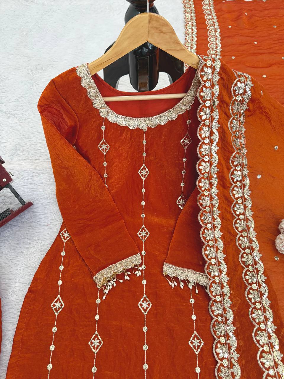 Rust Orange Embroidered Readymade Suit Set for Women