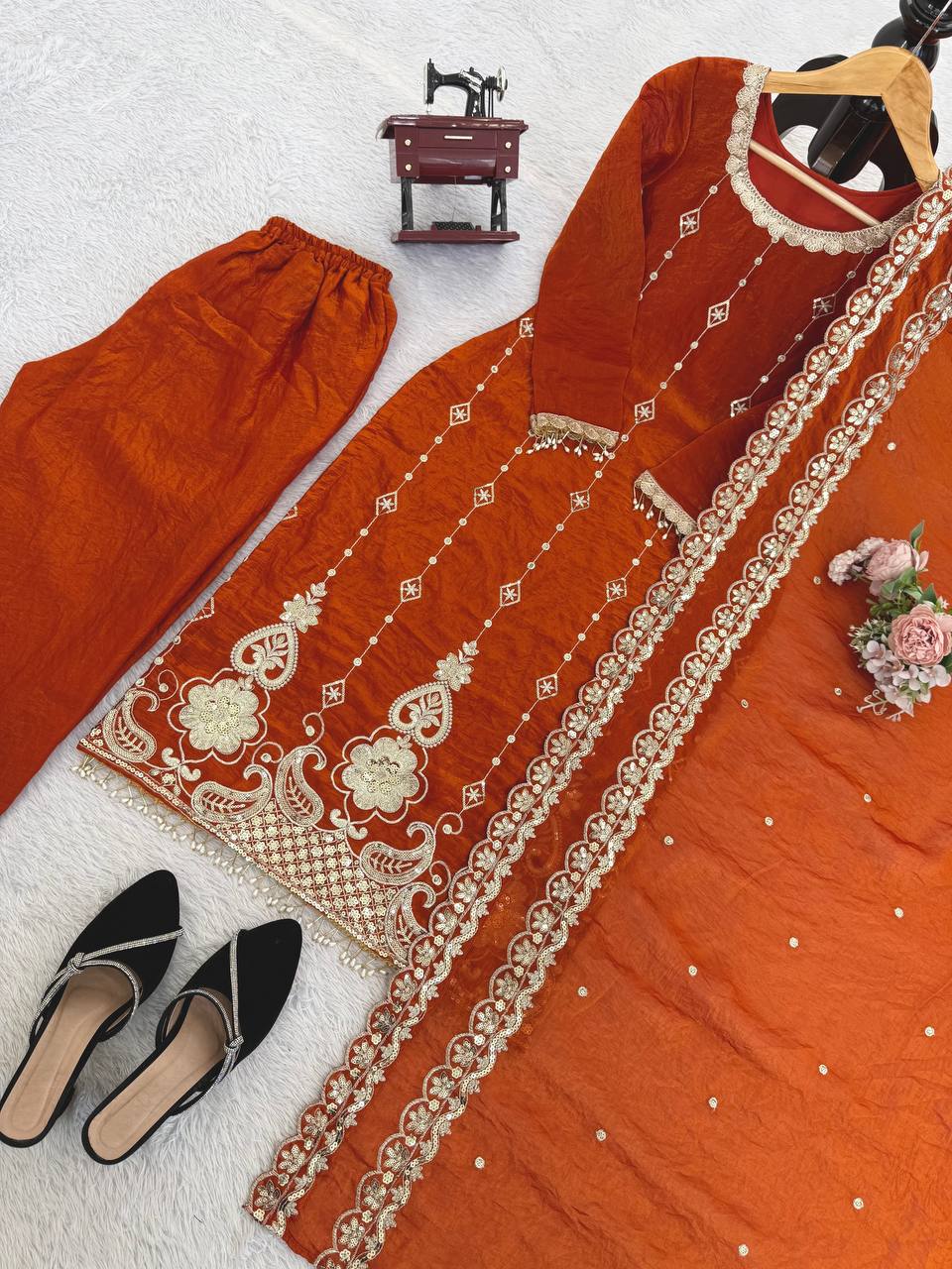Rust Orange Embroidered Readymade Suit Set for Women