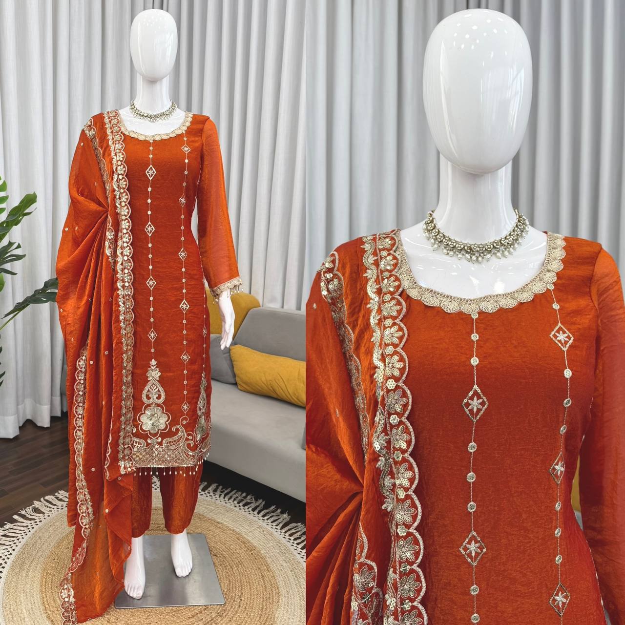 Rust Orange Embroidered Readymade Suit Set for Women