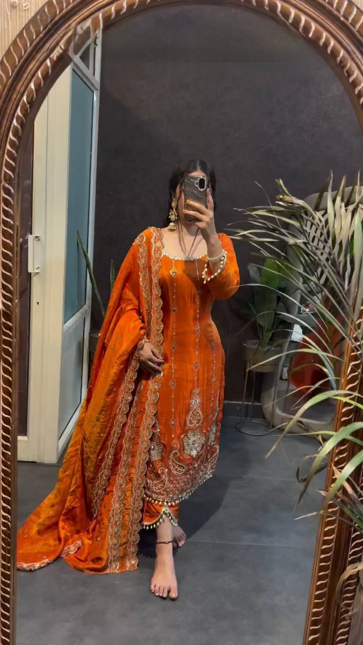 Rust Orange Embroidered Readymade Suit Set for Women