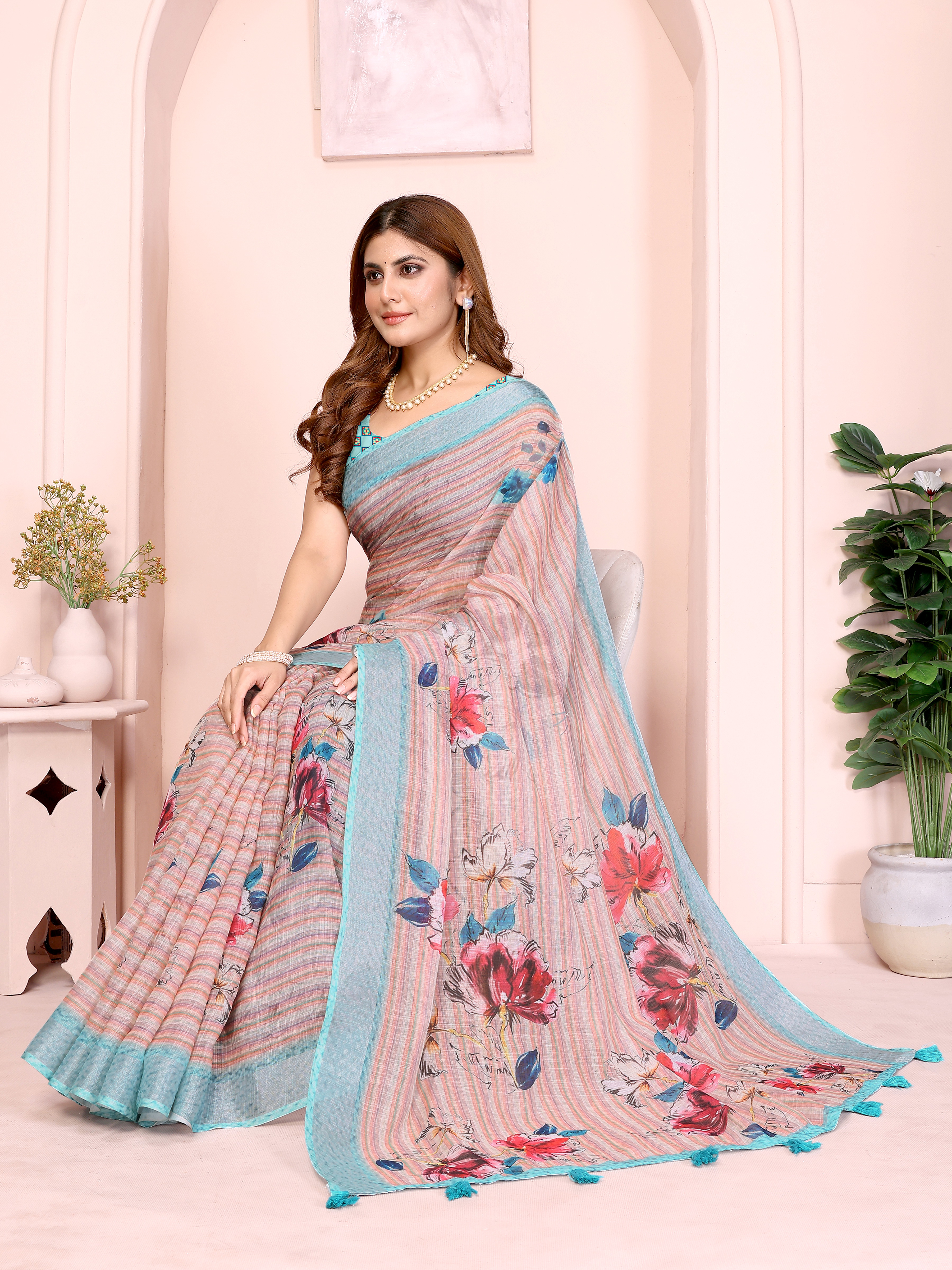 Pastel Linen Cotton Floral Print Saree with Designer Blouse