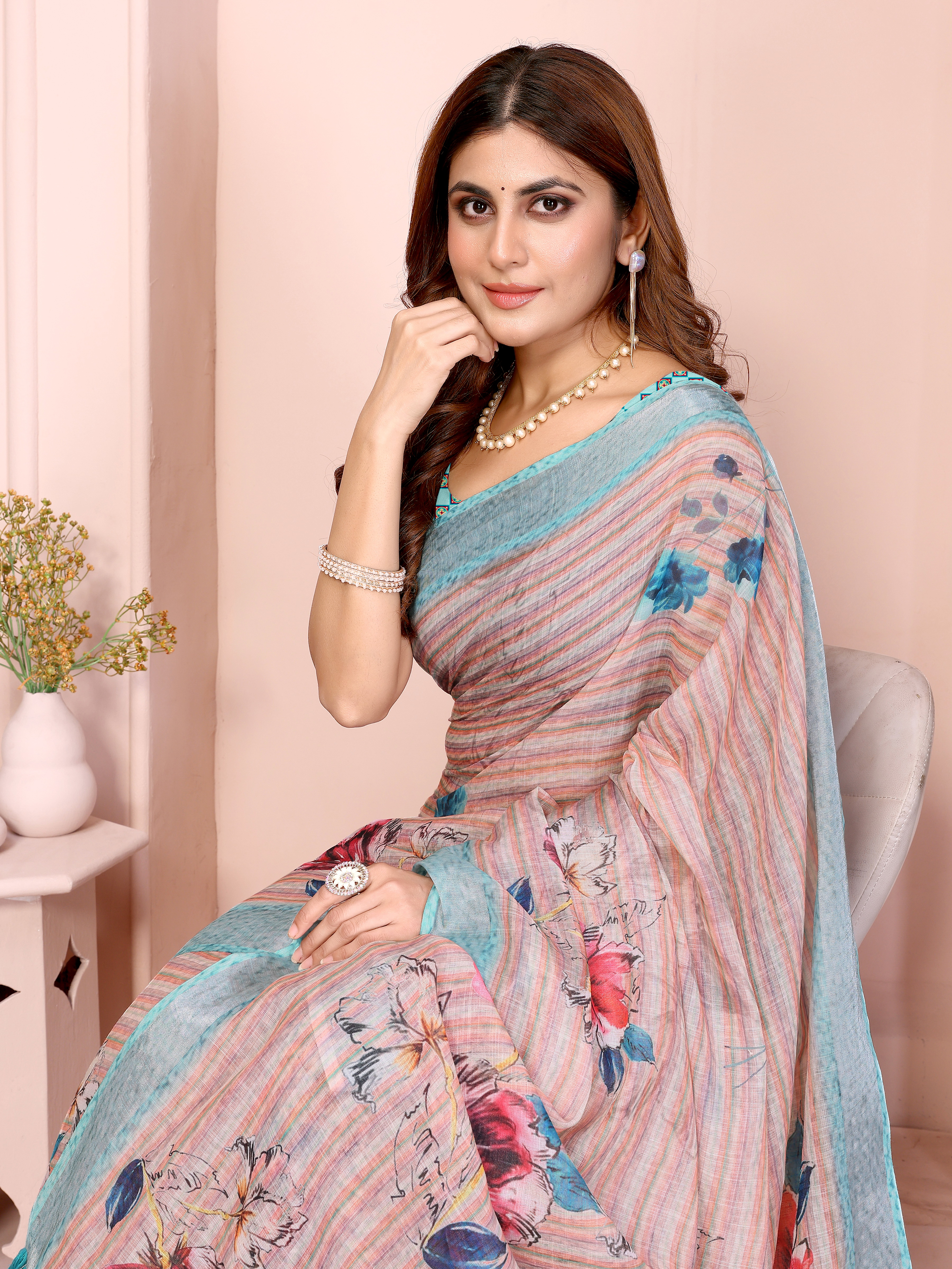 Pastel Linen Cotton Floral Print Saree with Designer Blouse
