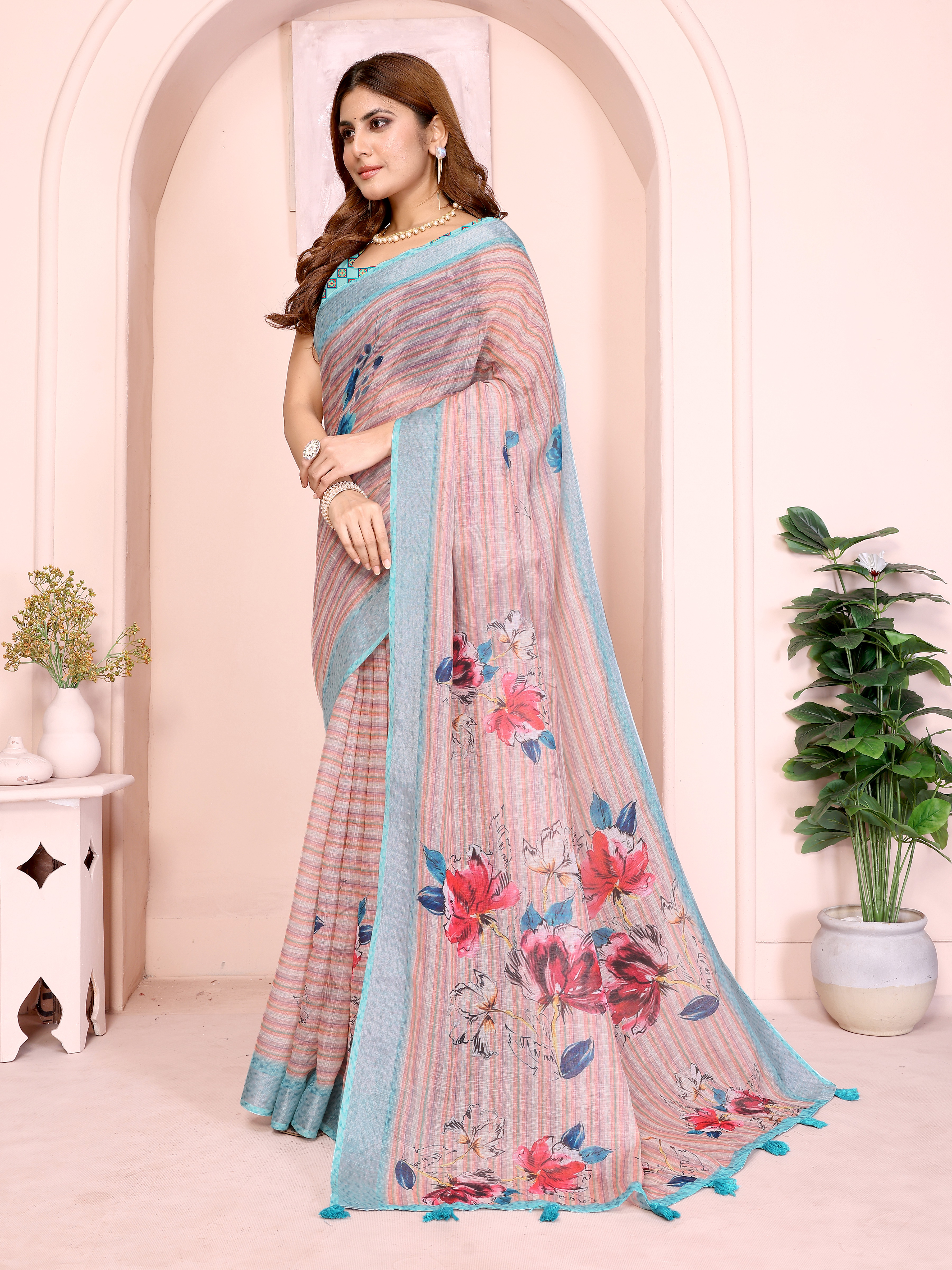 Pastel Linen Cotton Floral Print Saree with Designer Blouse