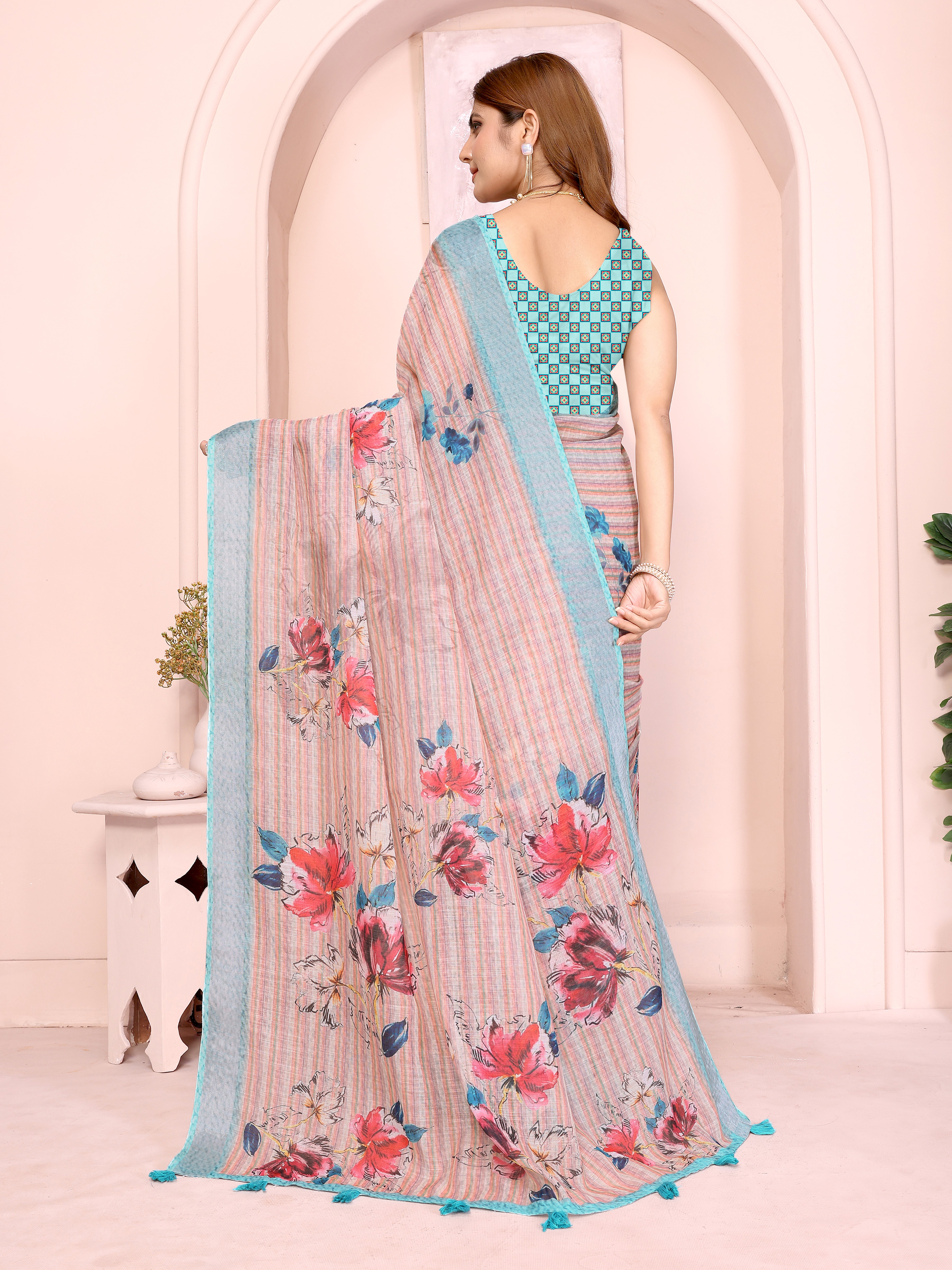 Pastel Linen Cotton Floral Print Saree with Designer Blouse