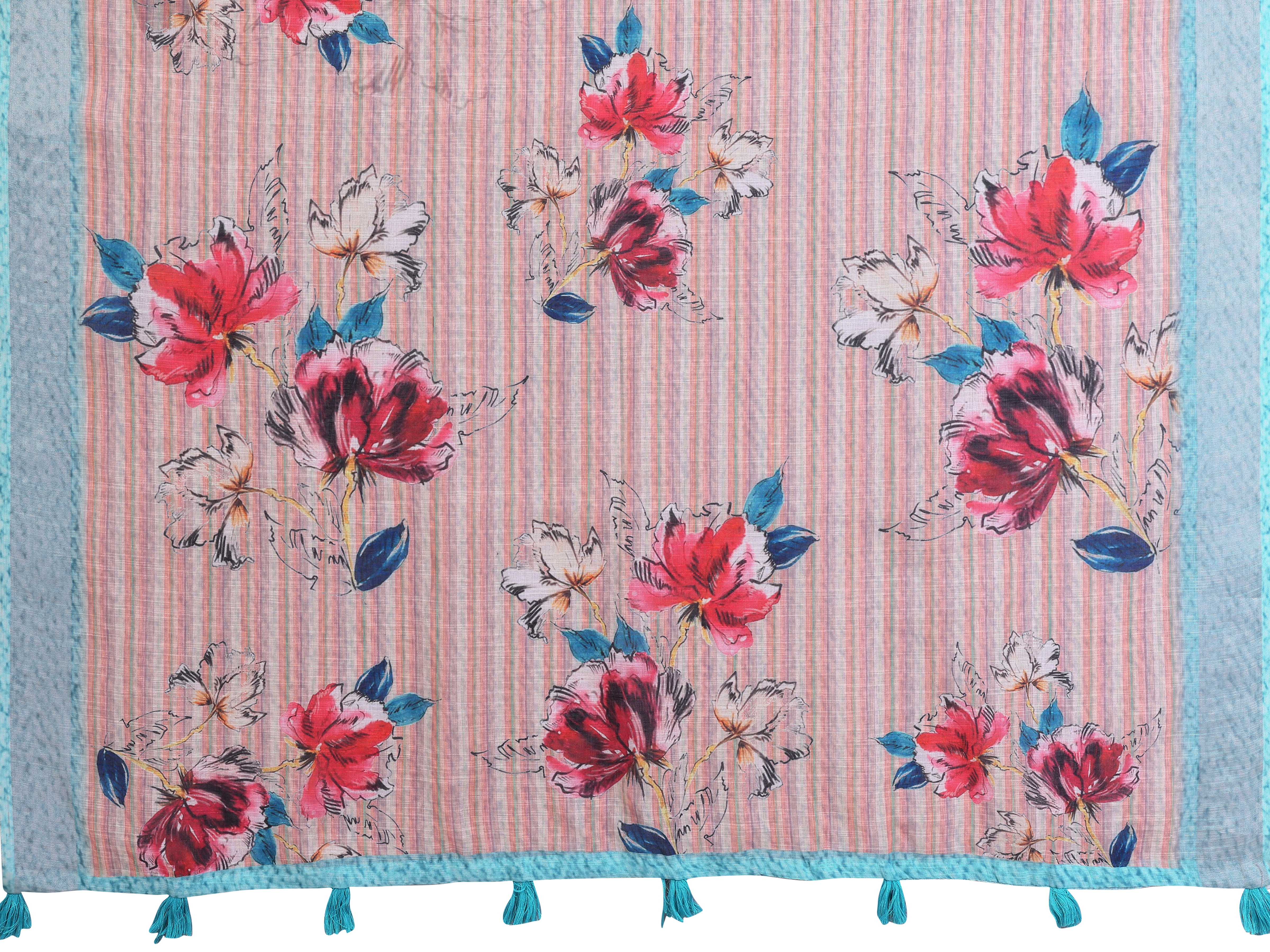 Pastel Linen Cotton Floral Print Saree with Designer Blouse