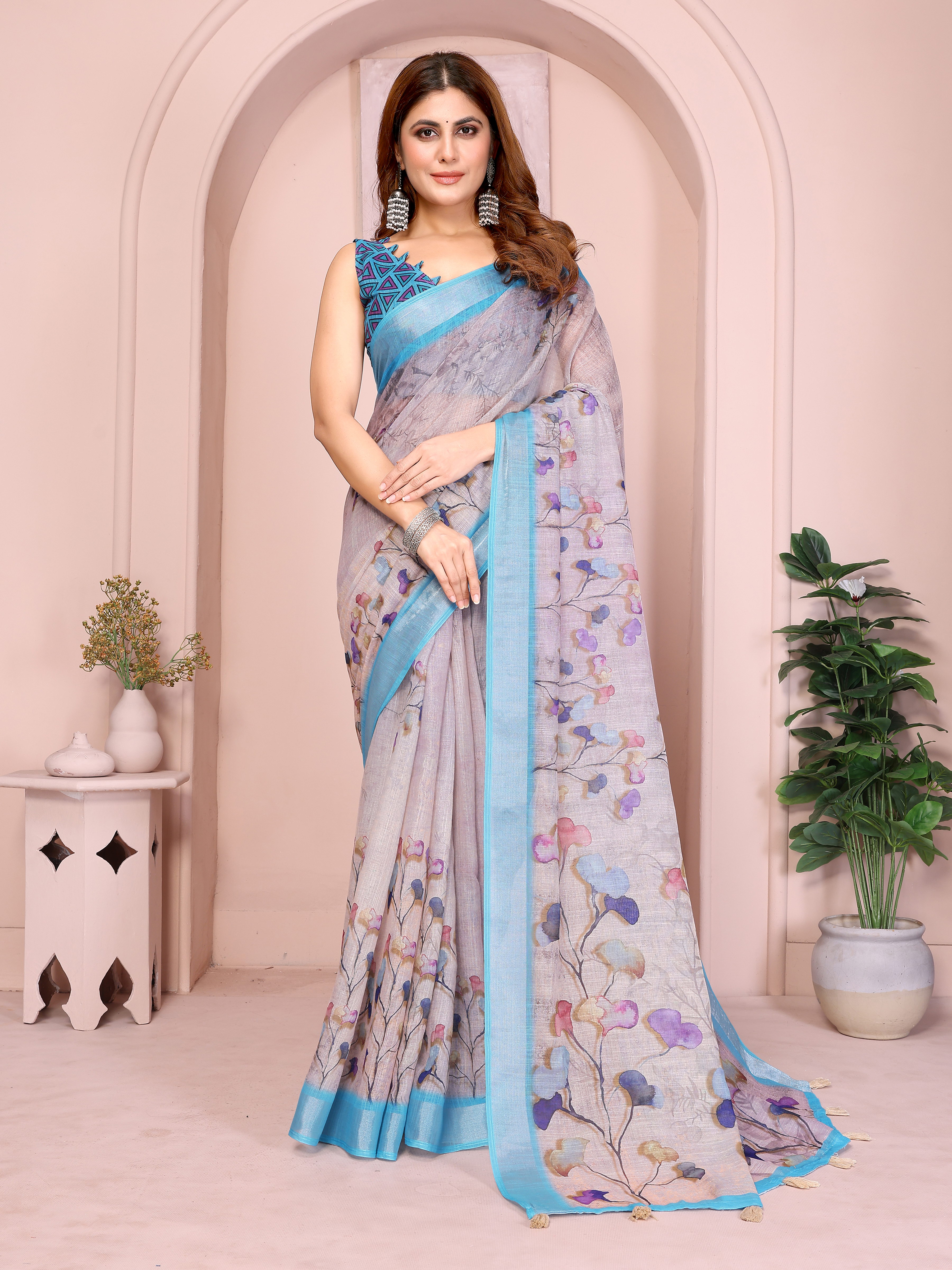 Pastel Linen Cotton Floral Print Saree with Designer Blouse