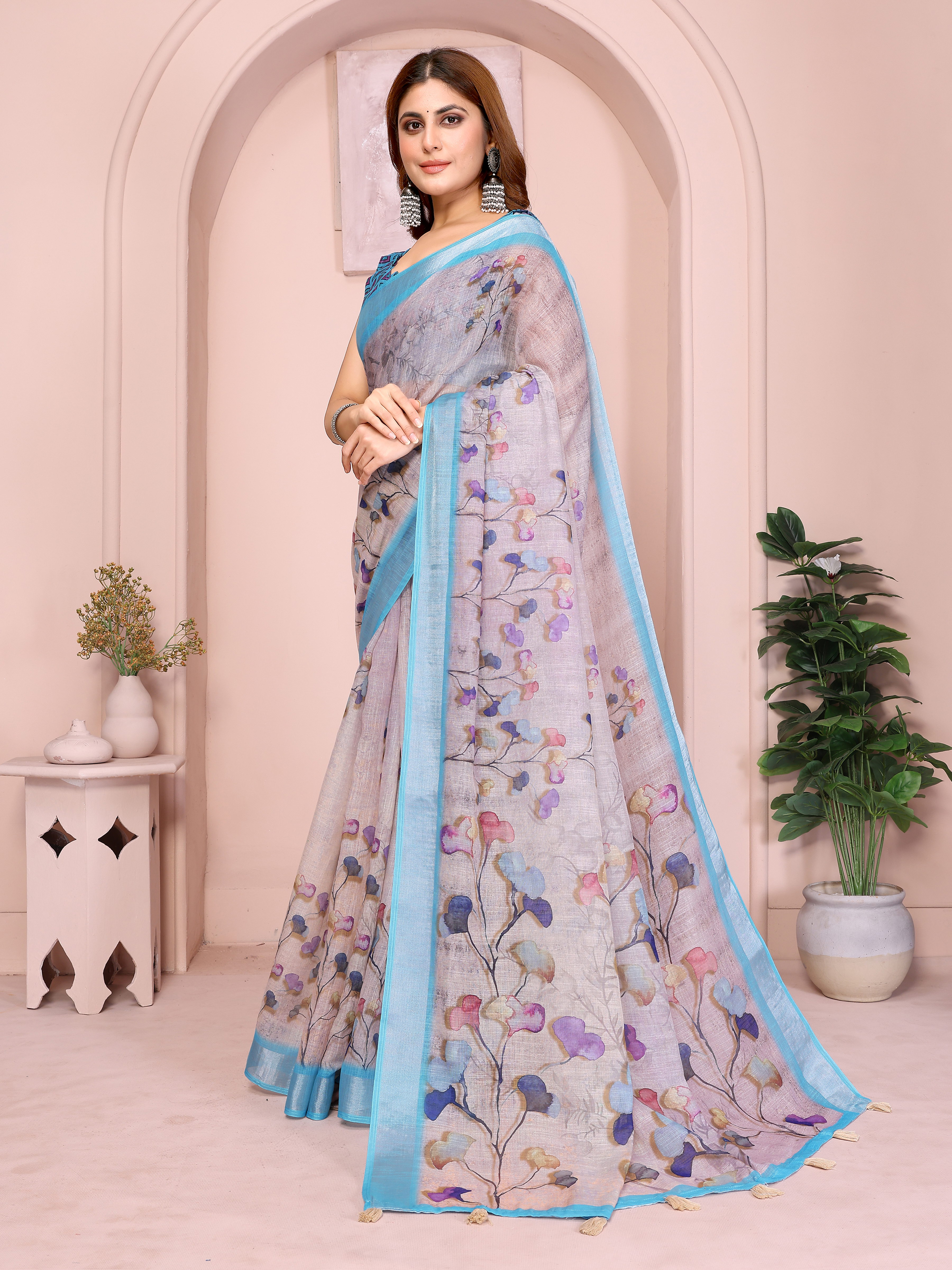 Pastel Linen Cotton Floral Print Saree with Designer Blouse