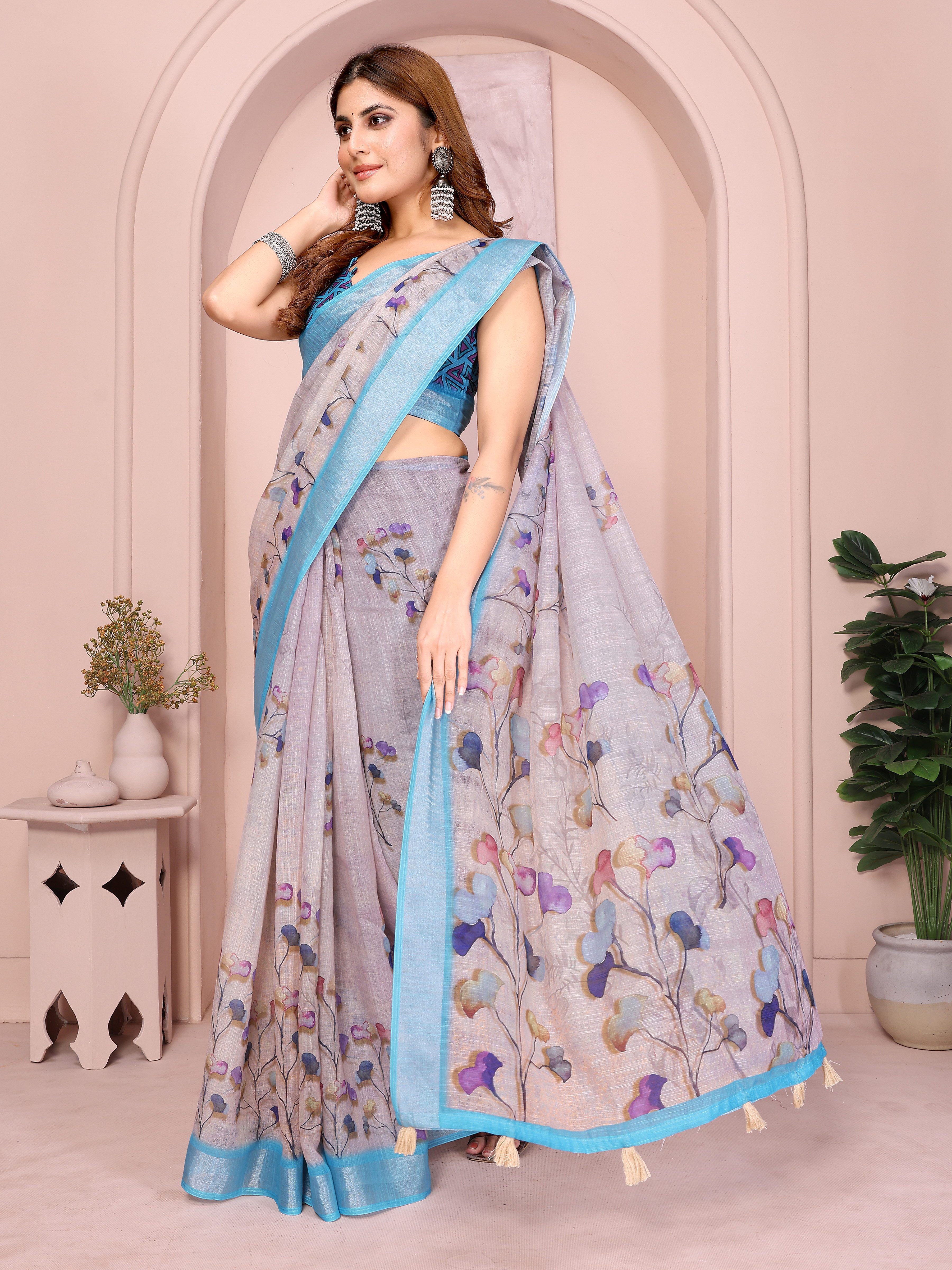 Pastel Linen Cotton Floral Print Saree with Designer Blouse