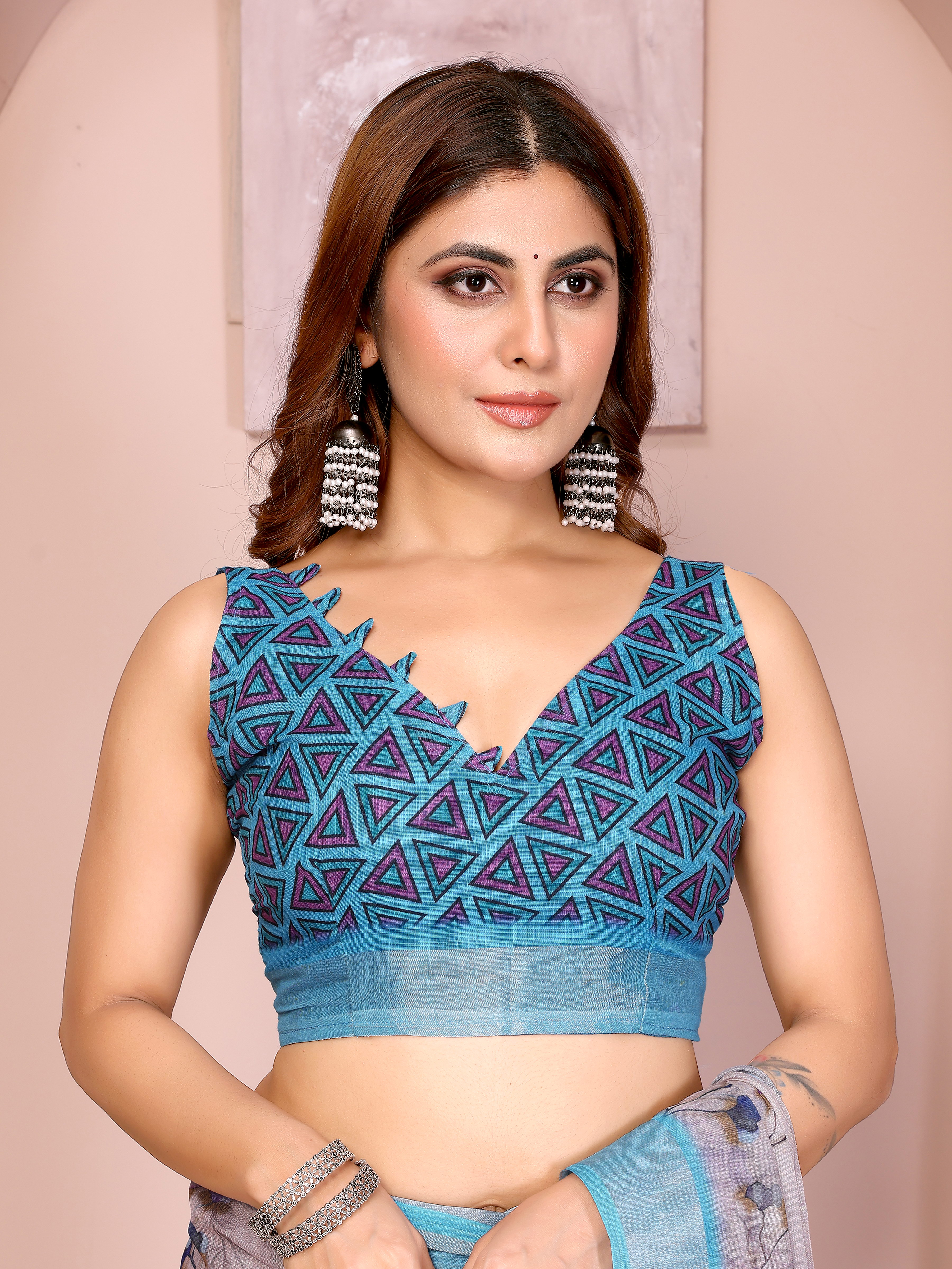 Pastel Linen Cotton Floral Print Saree with Designer Blouse