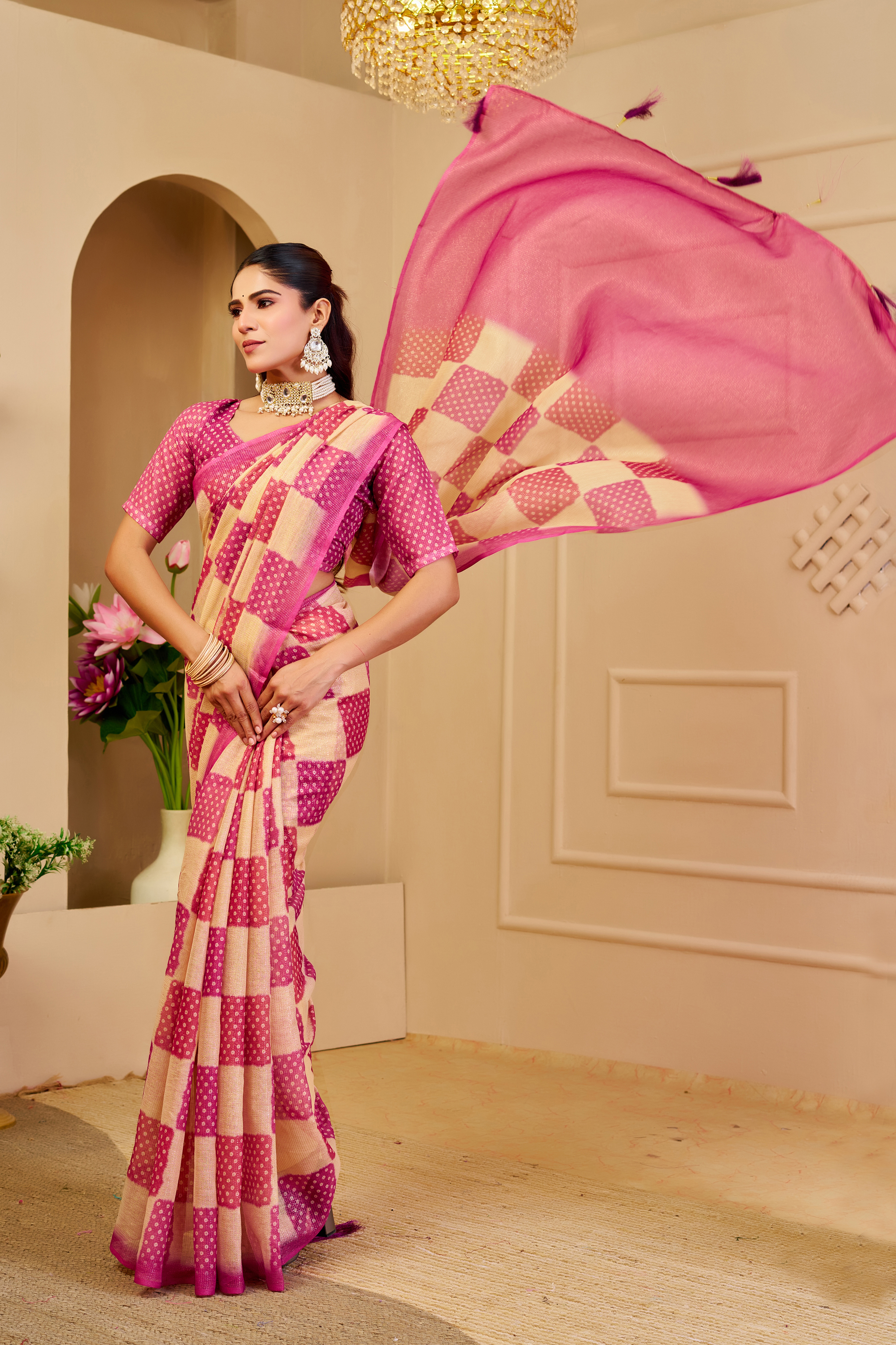 Cream Pink Tissue Handloom Cotton Saree with Zari