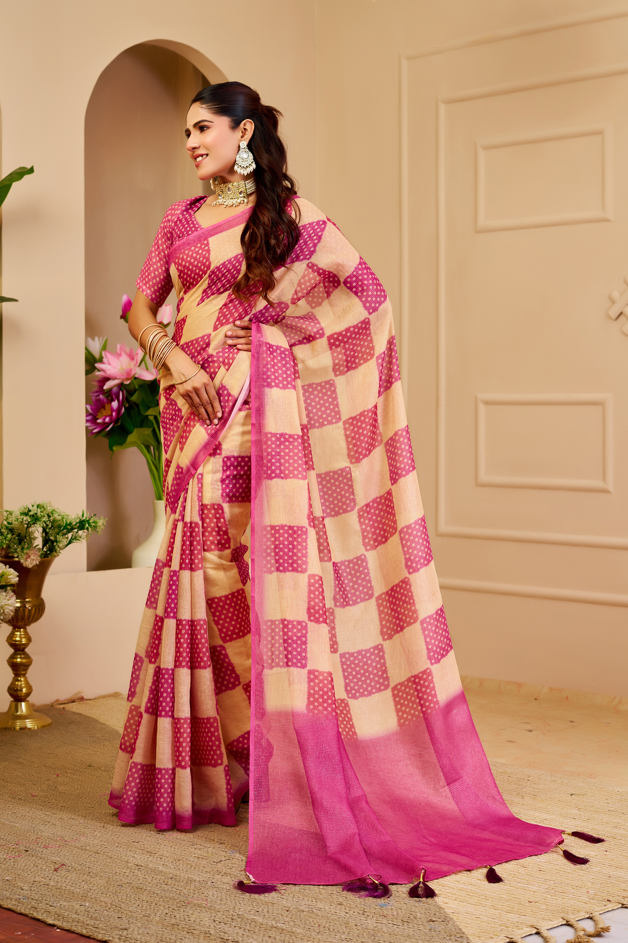 Cream Pink Tissue Handloom Cotton Saree with Zari